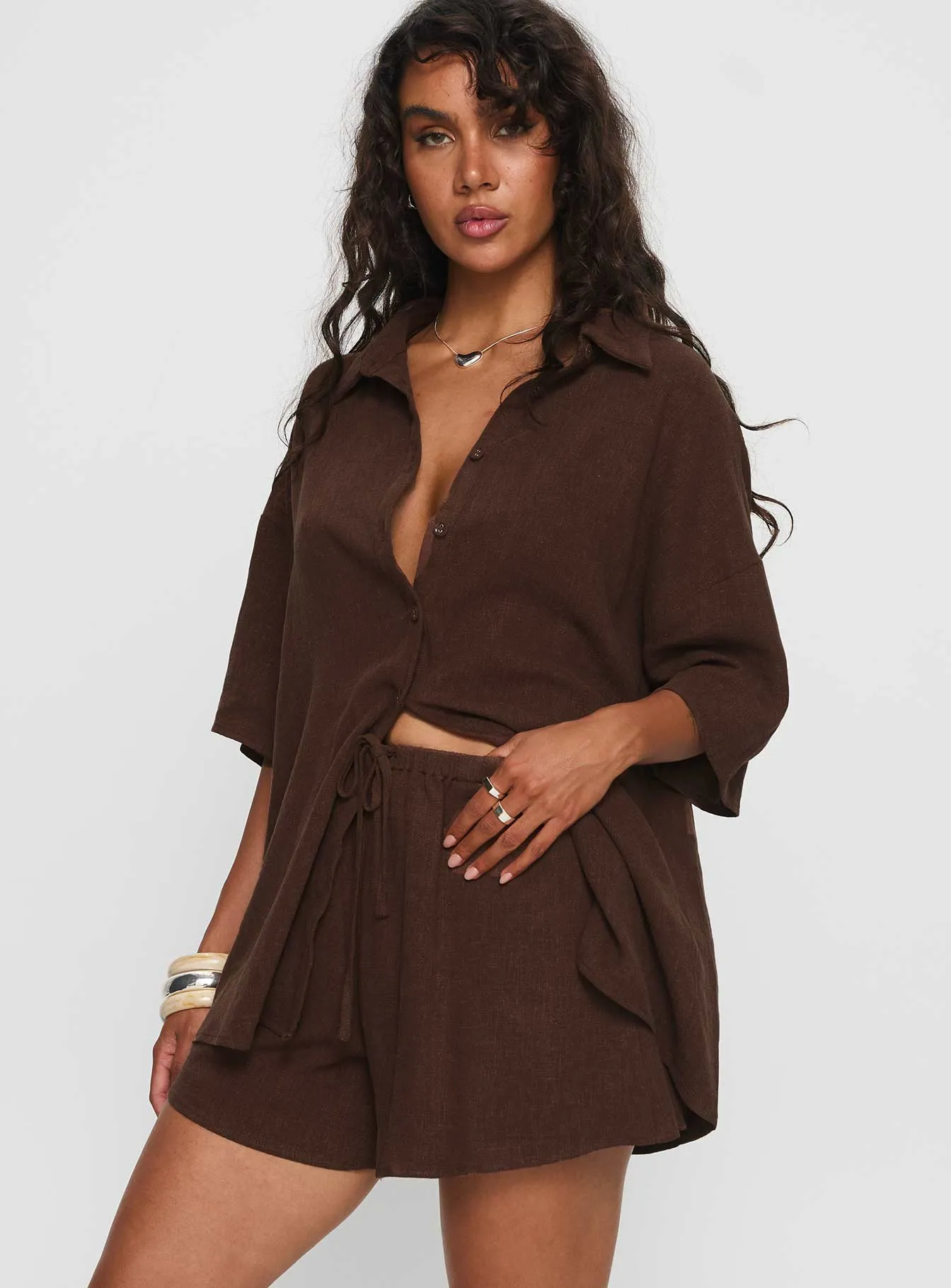 Wool Fit Peni Drawstring Linen Shorts Chocolate