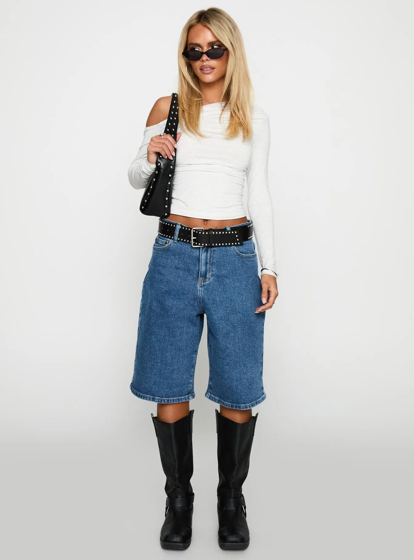 Future Edge Sea Fit Retro Dream Mid Rise Longline Denim Shorts Mid Wash