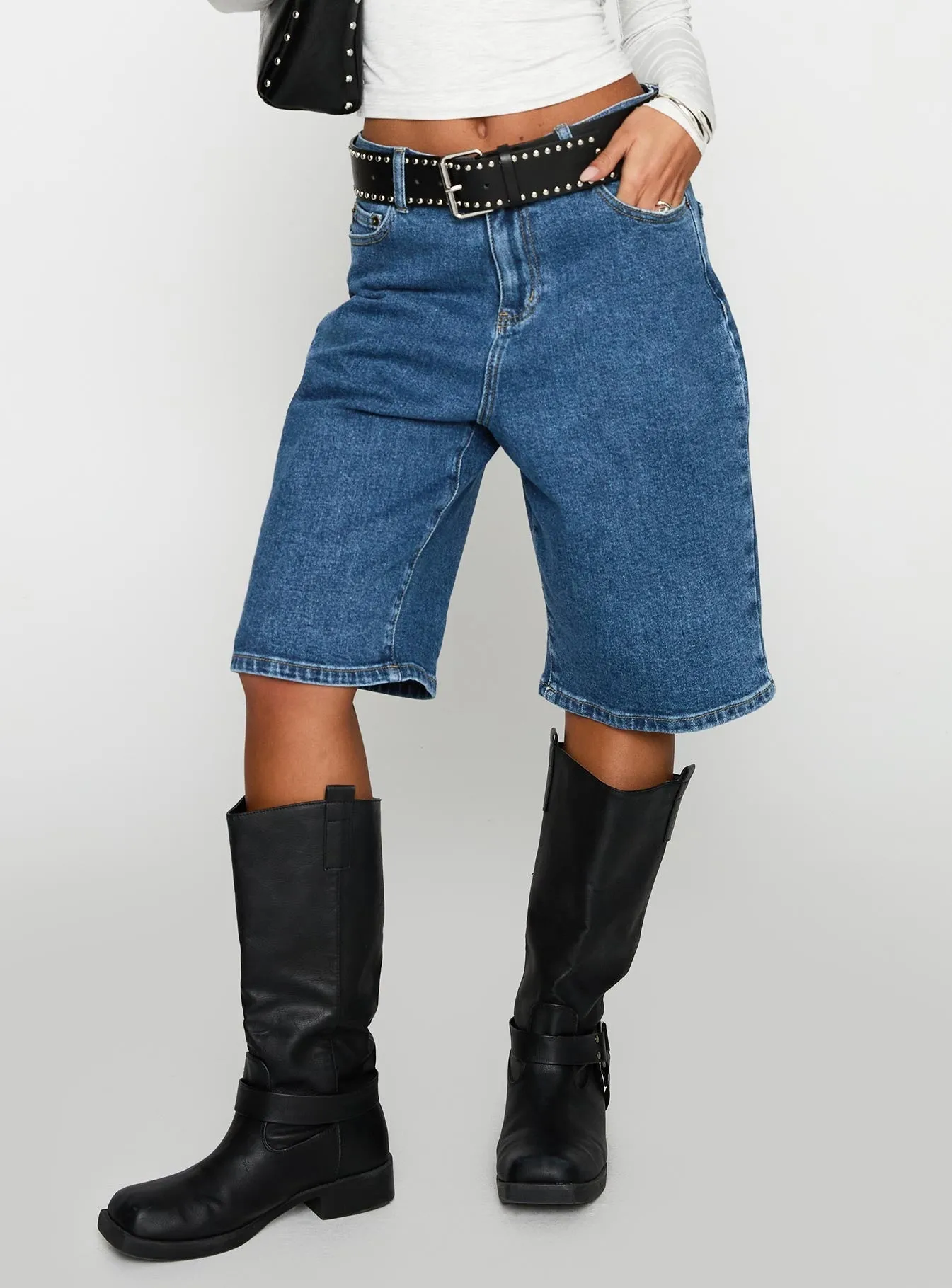 Spark Mood Retro Dream Mid Rise Longline Denim Shorts Mid Wash