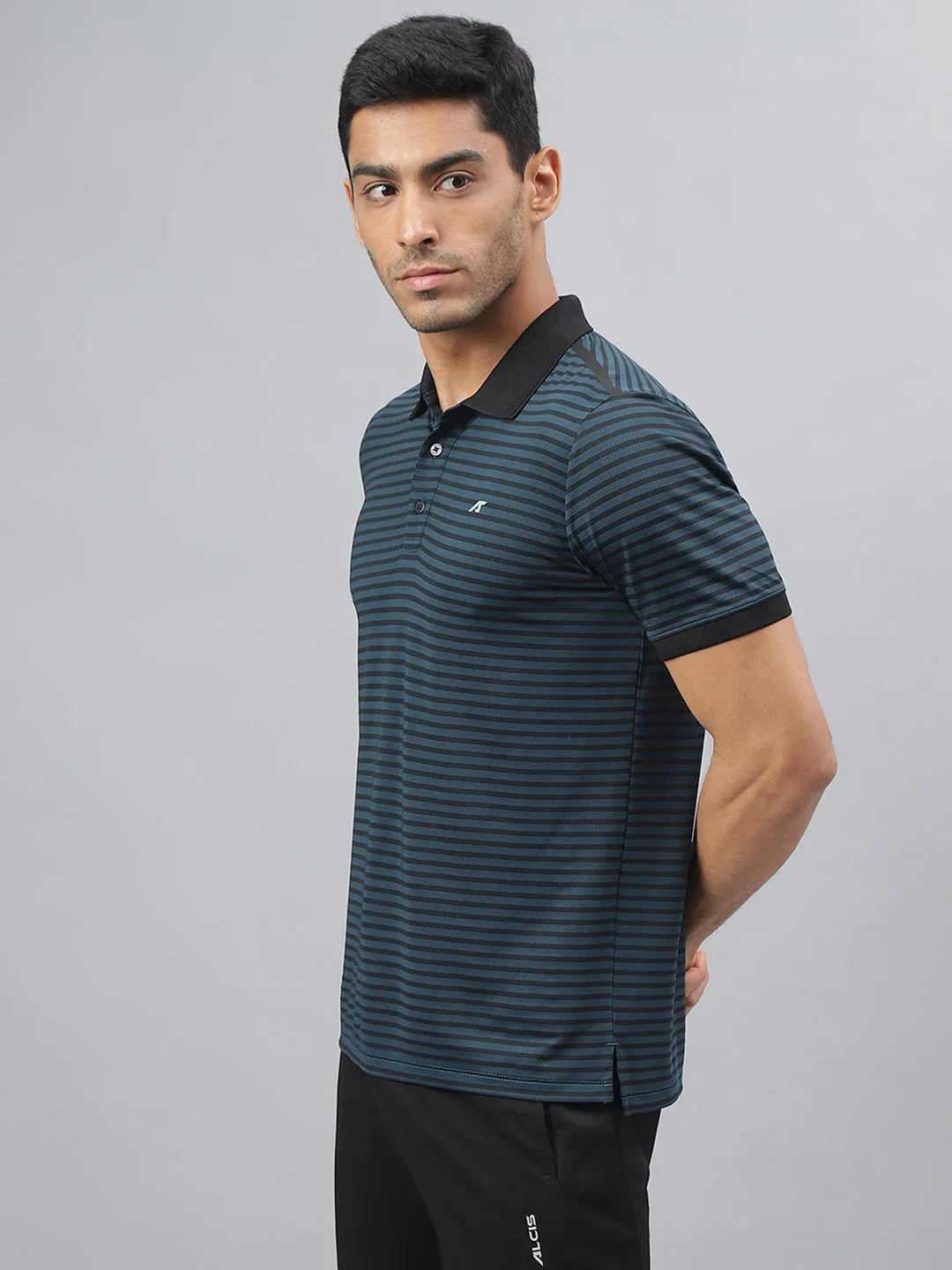 Micro Perforated Fabric QuickDry Material Alcis Men Blue Ashes Anti-Static Stretch-X Slim-Fit Running Polo T-Shirt