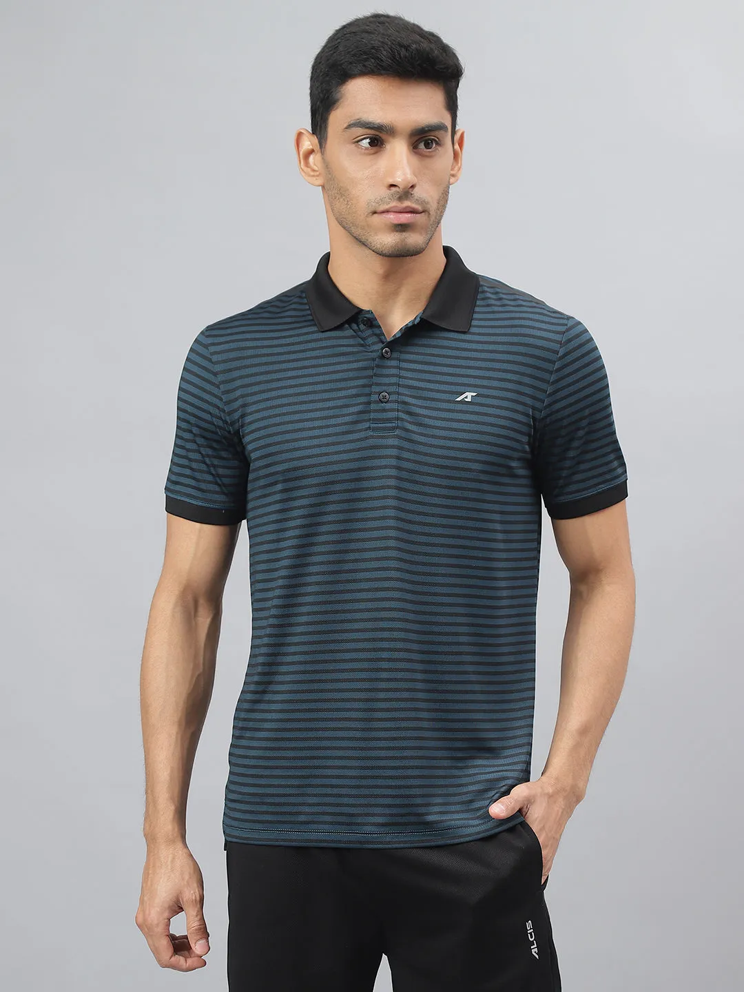 Collar Stay Slots Alcis Men Blue Ashes Anti-Static Stretch-X Slim-Fit Running Polo T-Shirt
