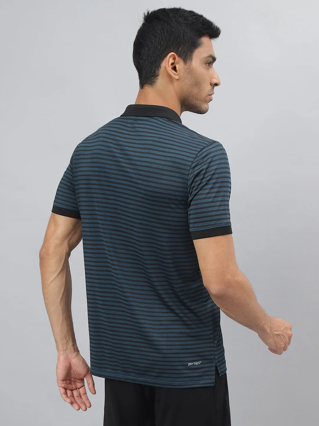 Alcis Men Blue Ashes Anti-Static Stretch-X Slim-Fit Running Polo T-Shirt Striped Design NonRestrictive Cut