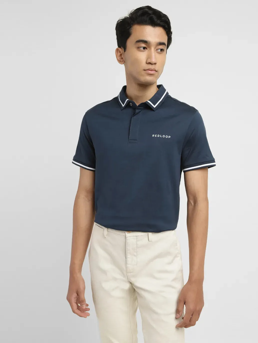 EasyCare Woven Fabric Layered Hem Reinforcement Men's Redloop Solid Slim Fit Polo T-shirt