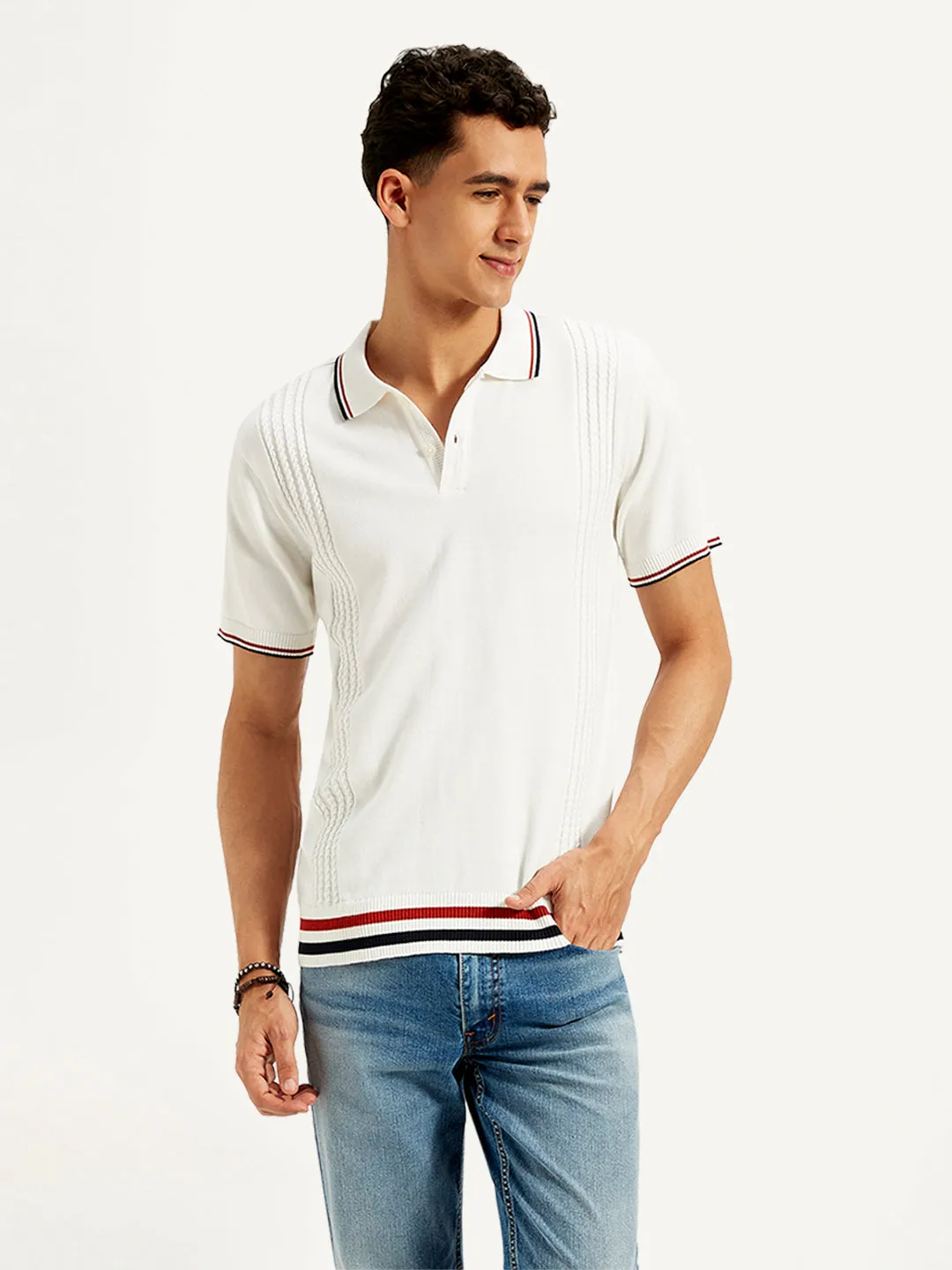 Men's Striped Slim Fit Polo T-Shirt Reinforced Collar Stay