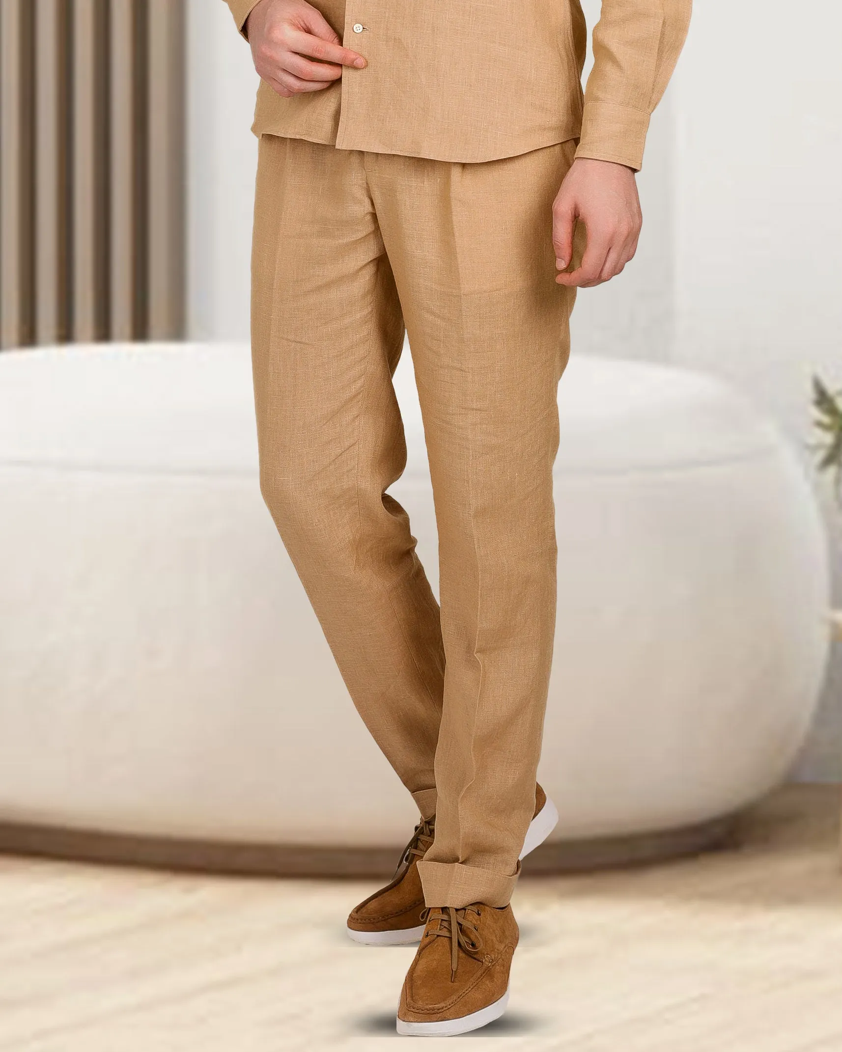 Golden Linen Dress Pant Hidden Zip Pockets Functional Fashion