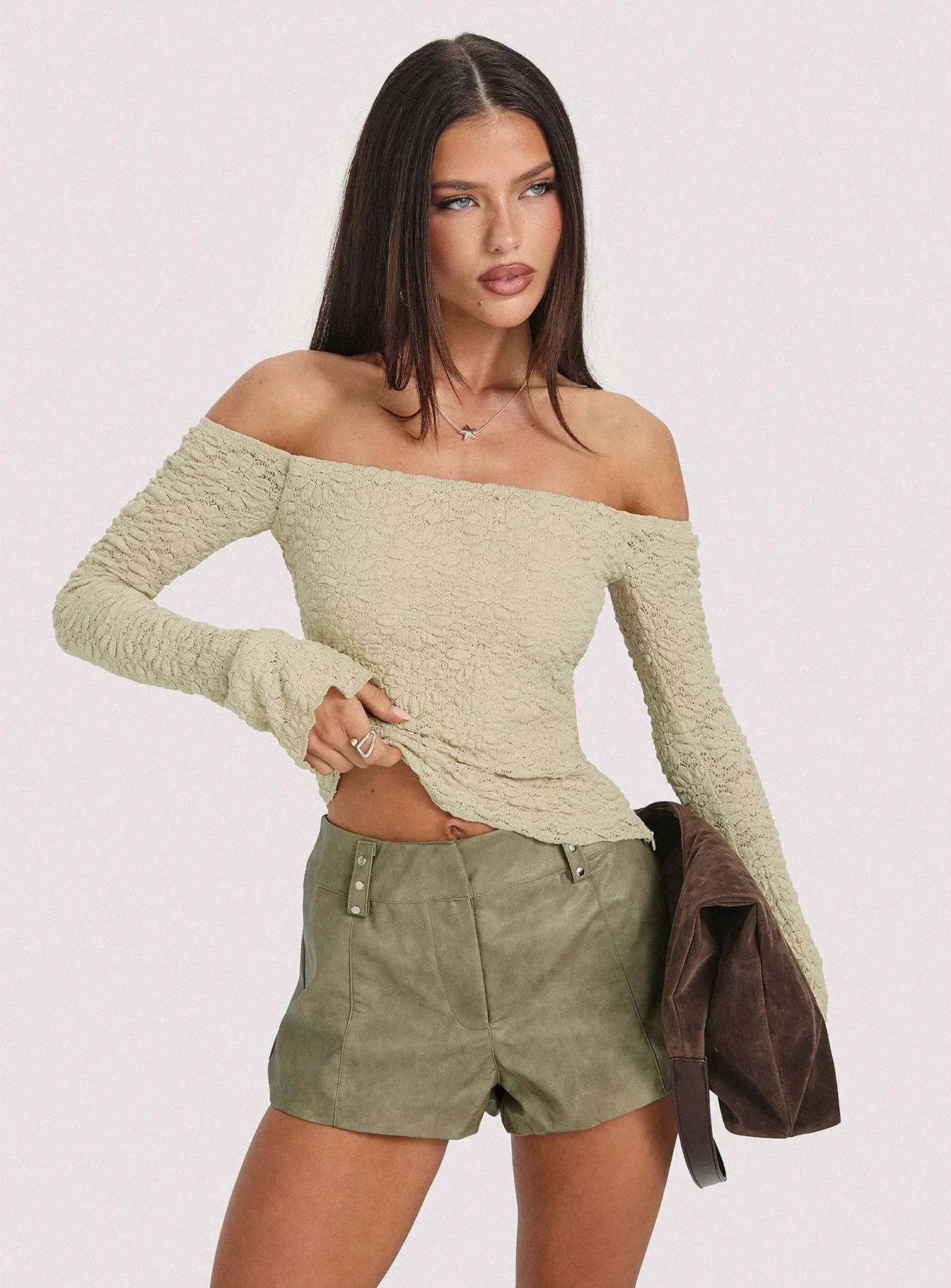 Kenickie Stud Micro Shorts Khaki FlexibleElasticity Senior Ease
