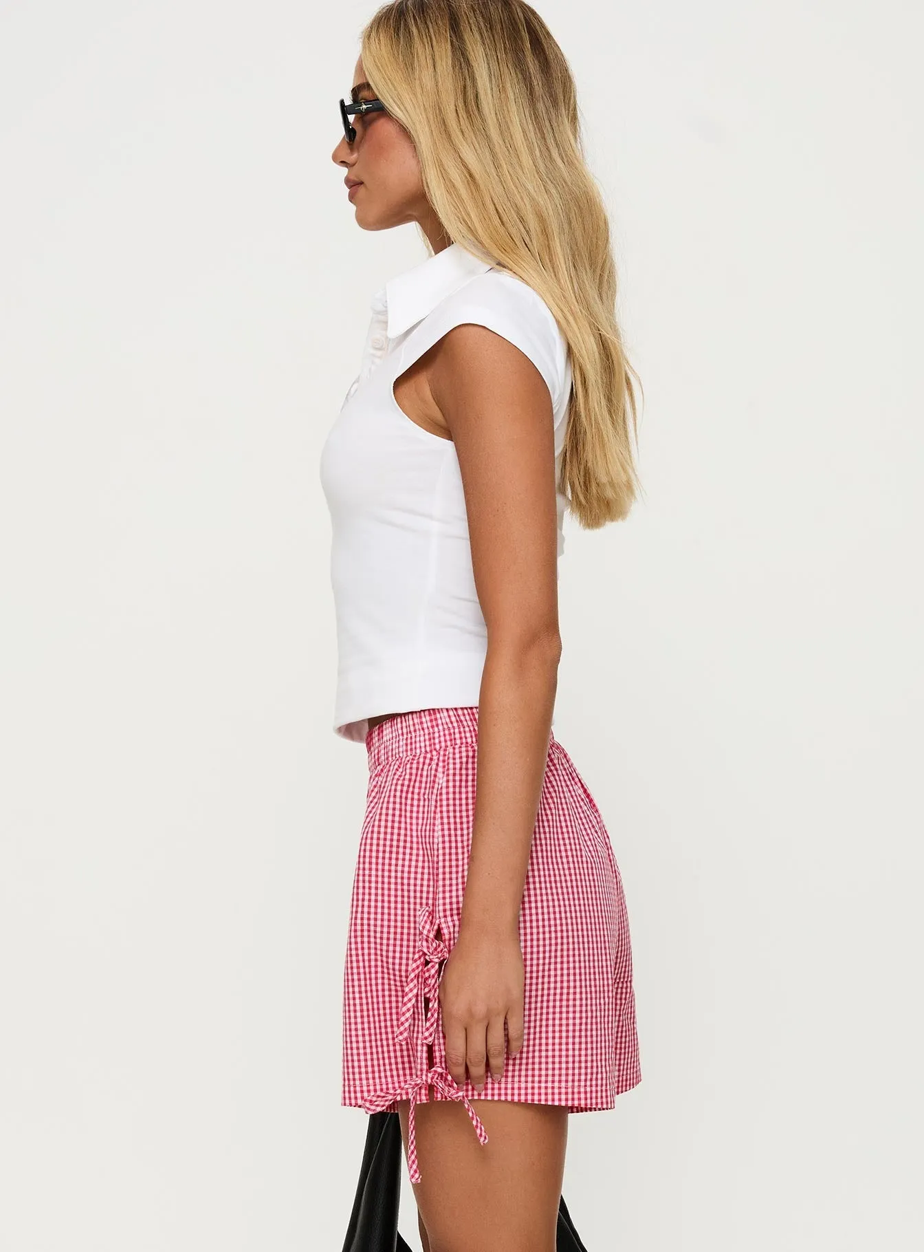Mailee Bow Tie Shorts Red Check Focus Fit WrinkleFreeFabric