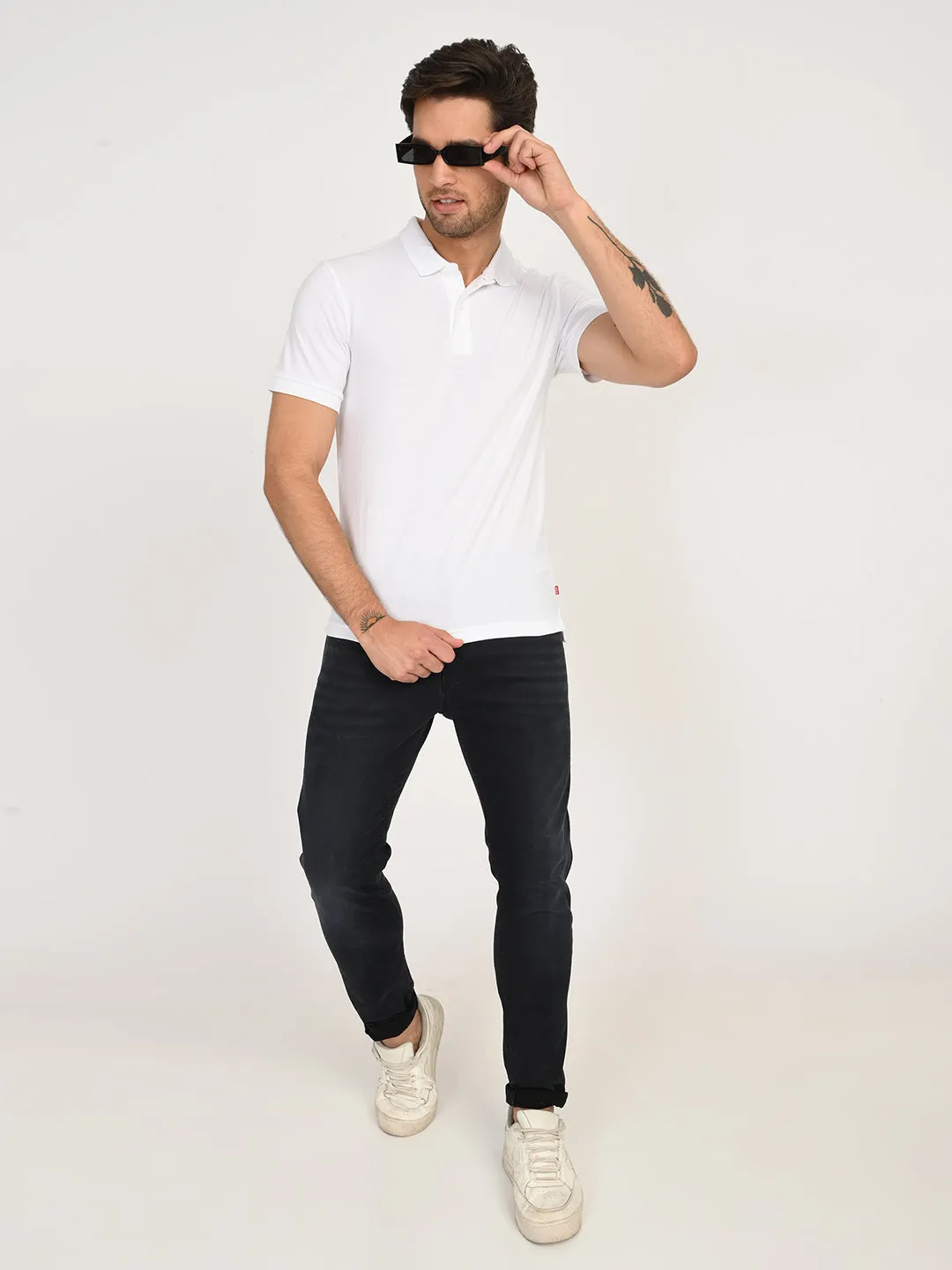 Men's Solid White Polo T-Shirt Interlock Cotton Seamless Side Panels