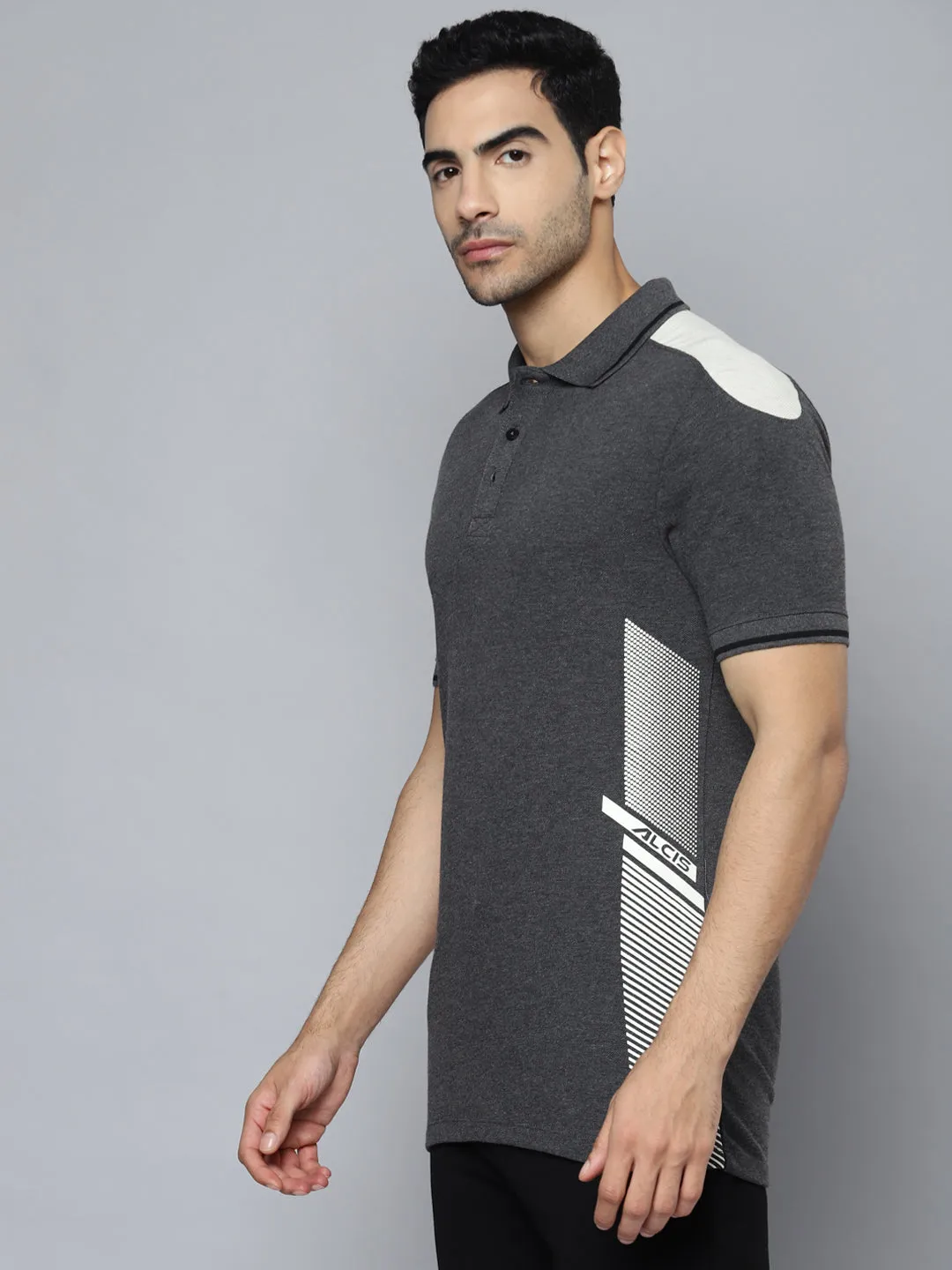 Alcis Men Charcoal Printed Polo Collar T-shirt AntiStatic Treatment