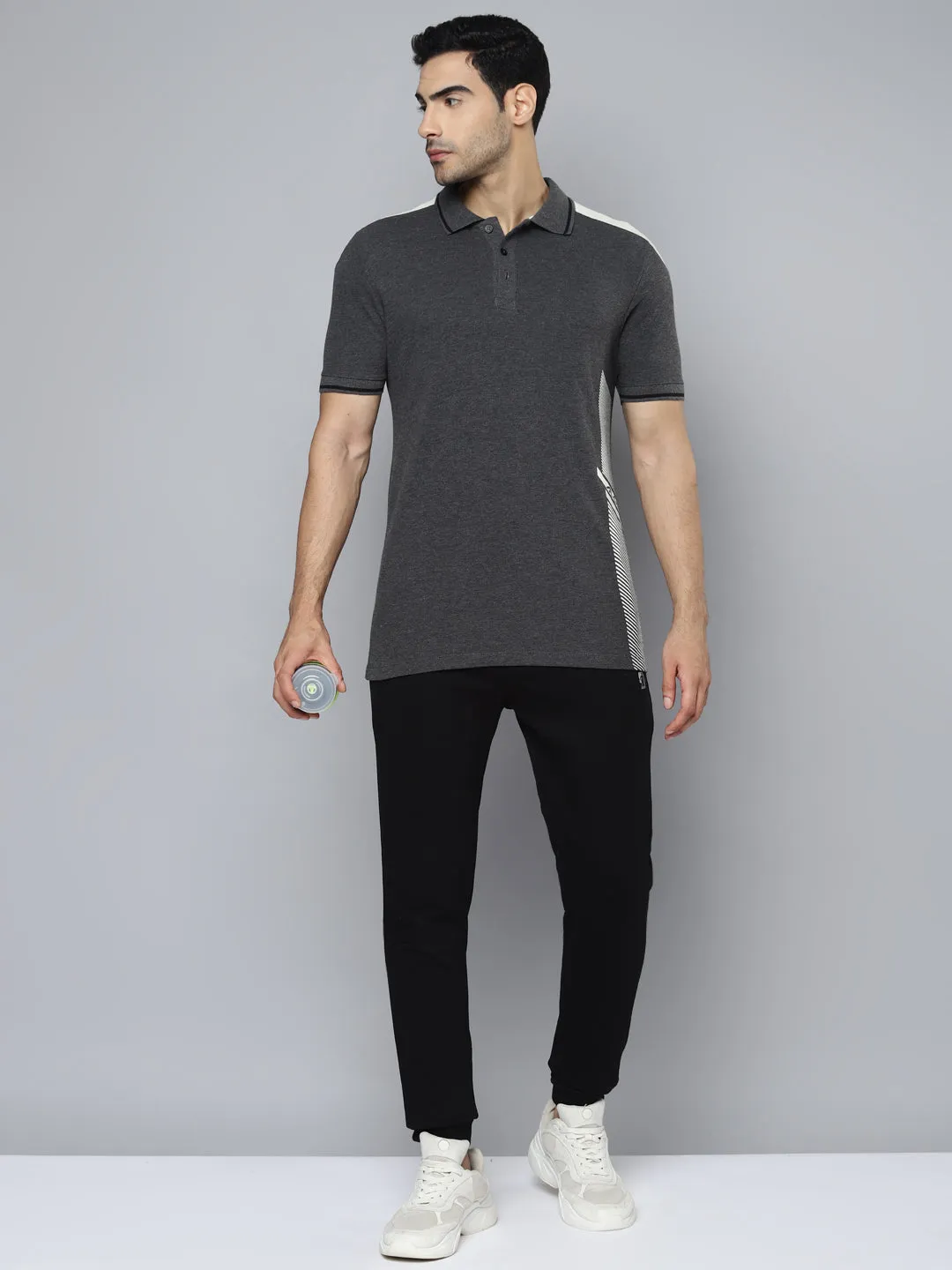 Alcis Men Charcoal Printed Polo Collar T-shirt Wrinkle Free Treatment QuickDry Material