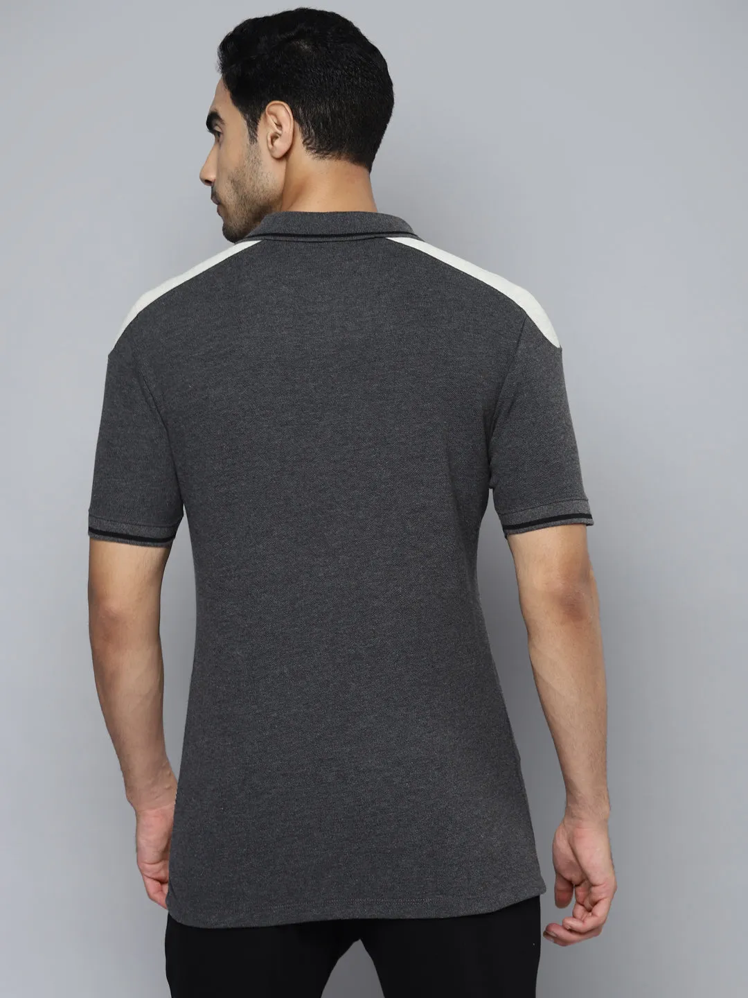 Stretch Fabric Construction Fashion Forward Alcis Men Charcoal Printed Polo Collar T-shirt
