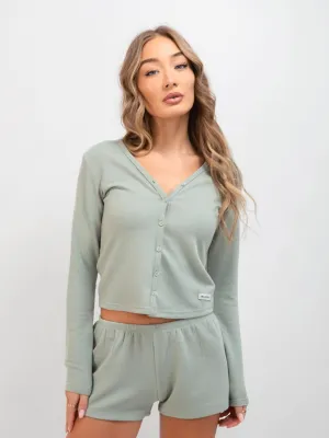 Subtle Embroidery Soft Waffle Cardigan - Sage Green