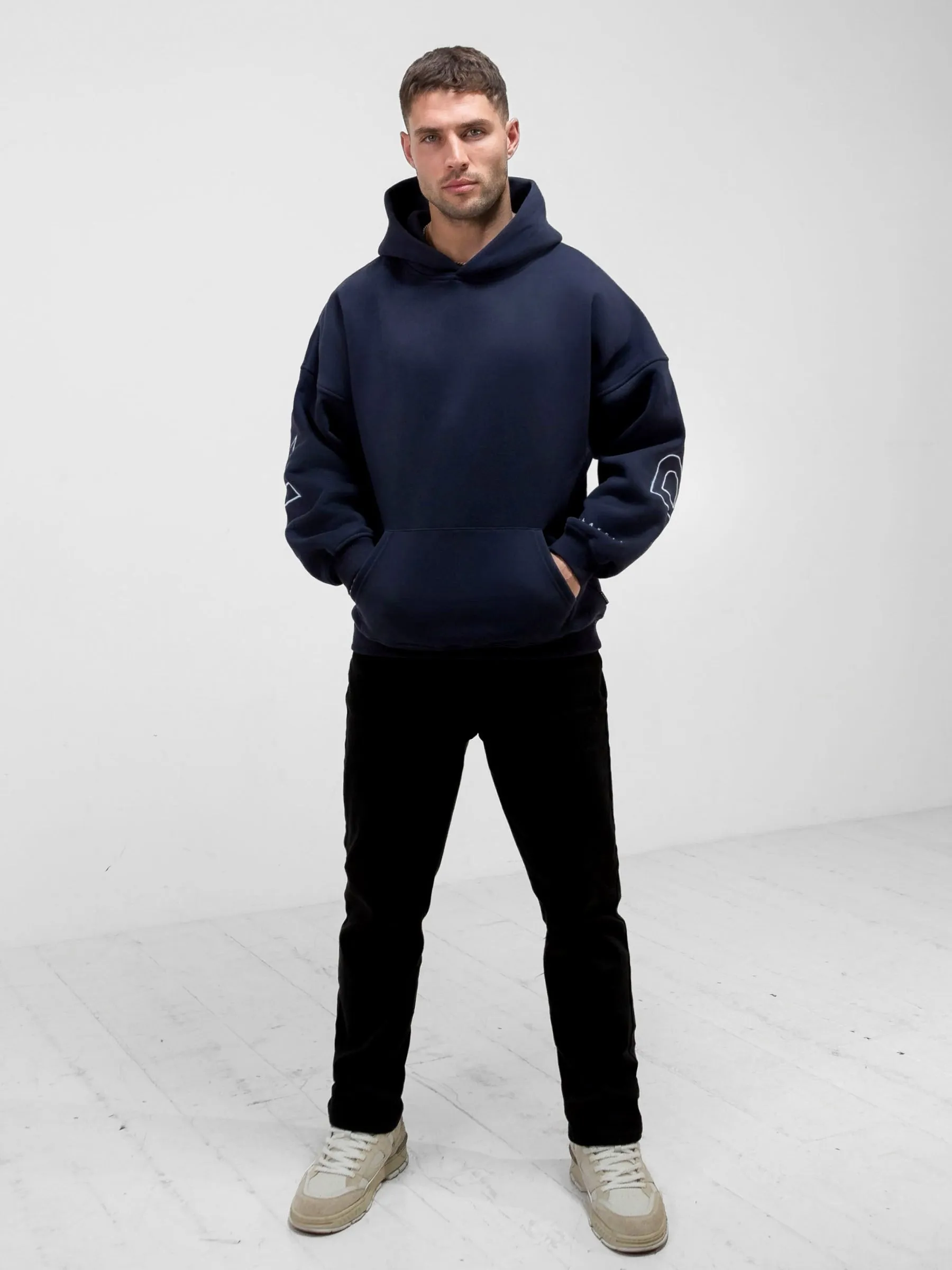 Anti Pill Finish Embroidered Idris Oversized Hoodie - Blue