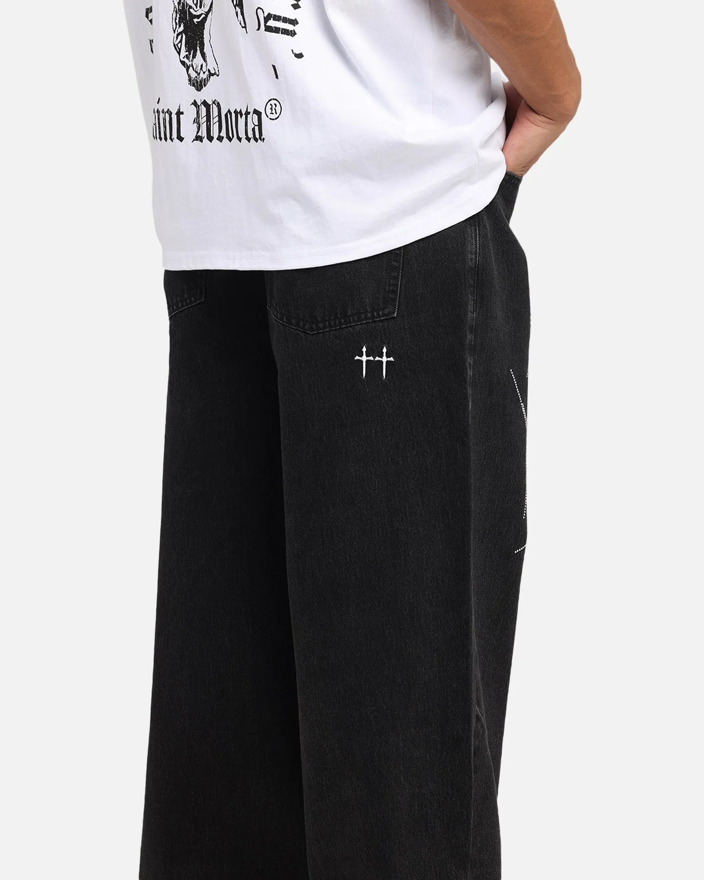 Flexible Knee Panels Party Look Urban Explorer Saint Morta Amplus Tribal Rhinestone Jeans Black Shadow