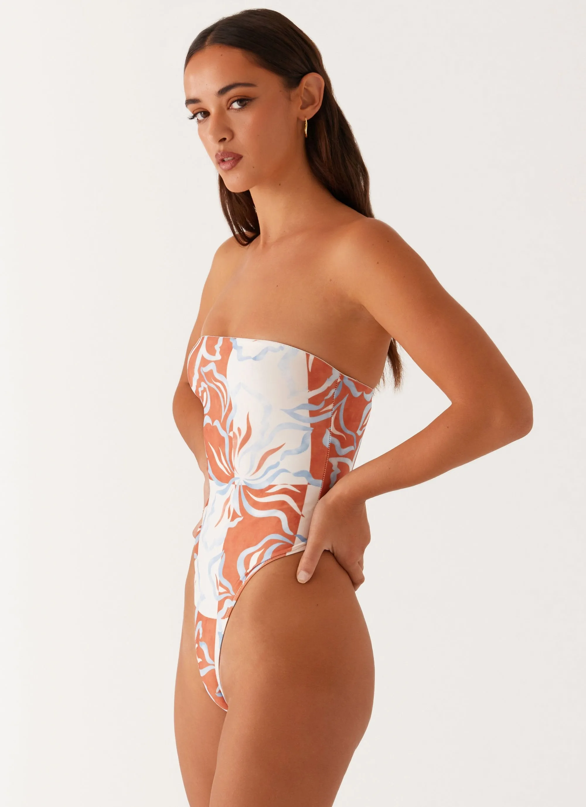 Maxine Strapless One Piece Swimsuit - Orange Blue Floral Ultra Lightweight Weave Seamless-Edges