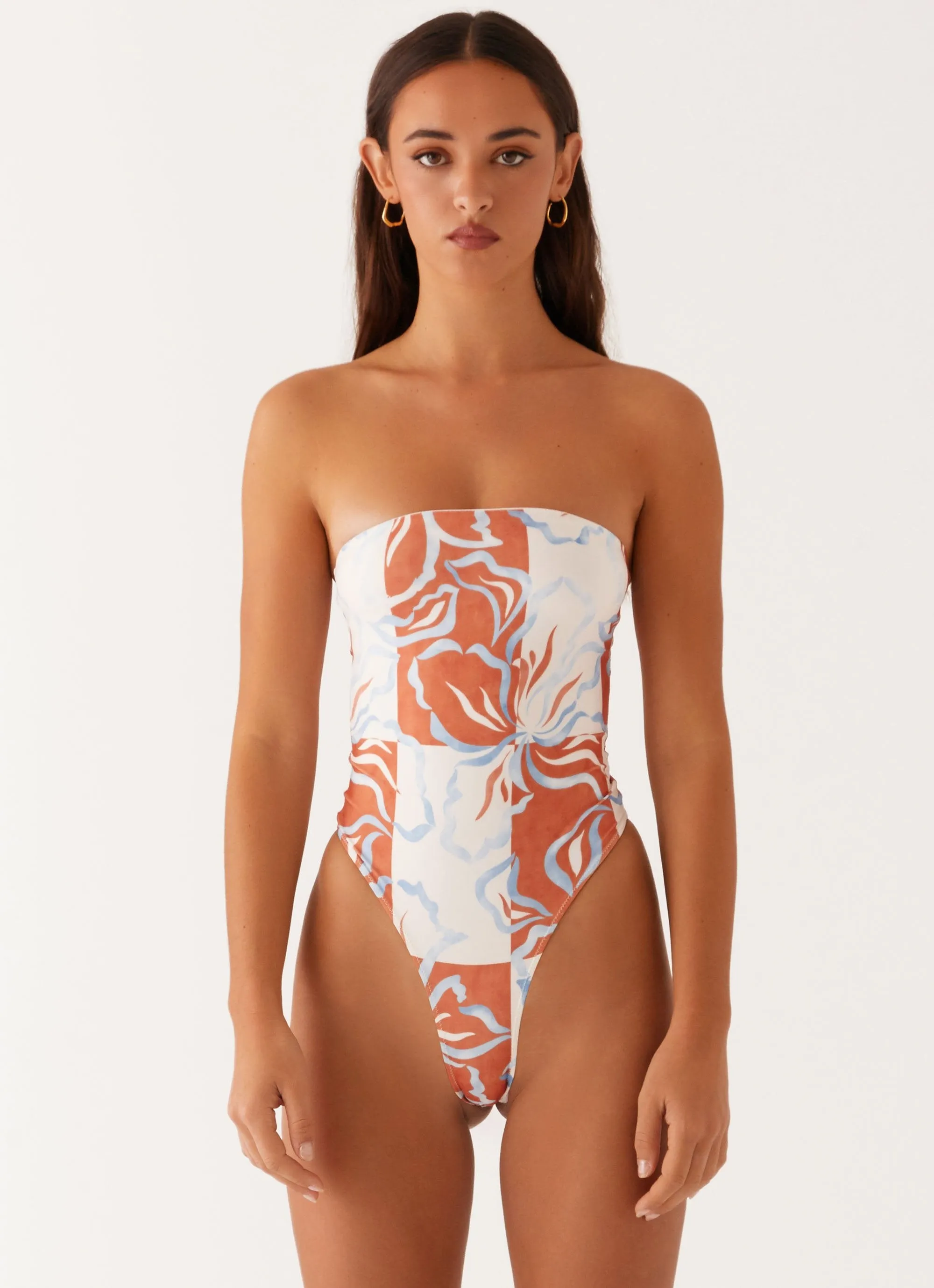 Maxine Strapless One Piece Swimsuit - Orange Blue Floral Fade Resistant Coating Cutout Design