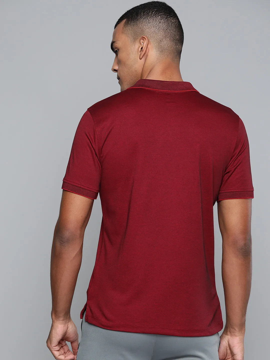 Alcis Men Maroon Solid Polo Collar T-shirt Snap Button Closure UV Protection Blend