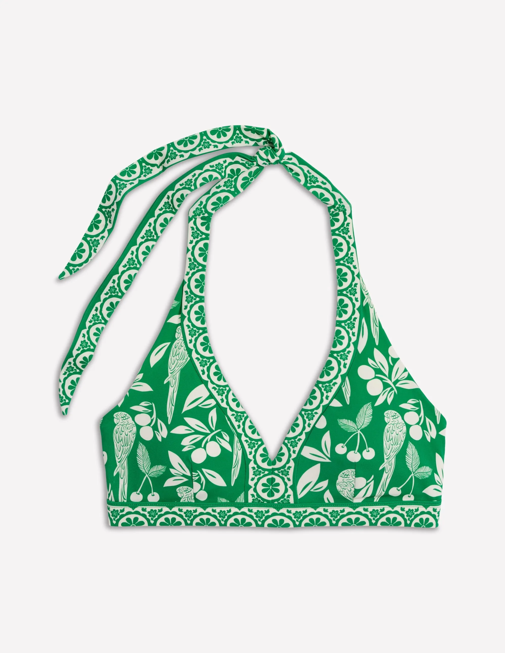 Ios V Panel Bikini Top-Rich Emerald, Ornate Tropics Laser Cut Perforations Low Profile Seams