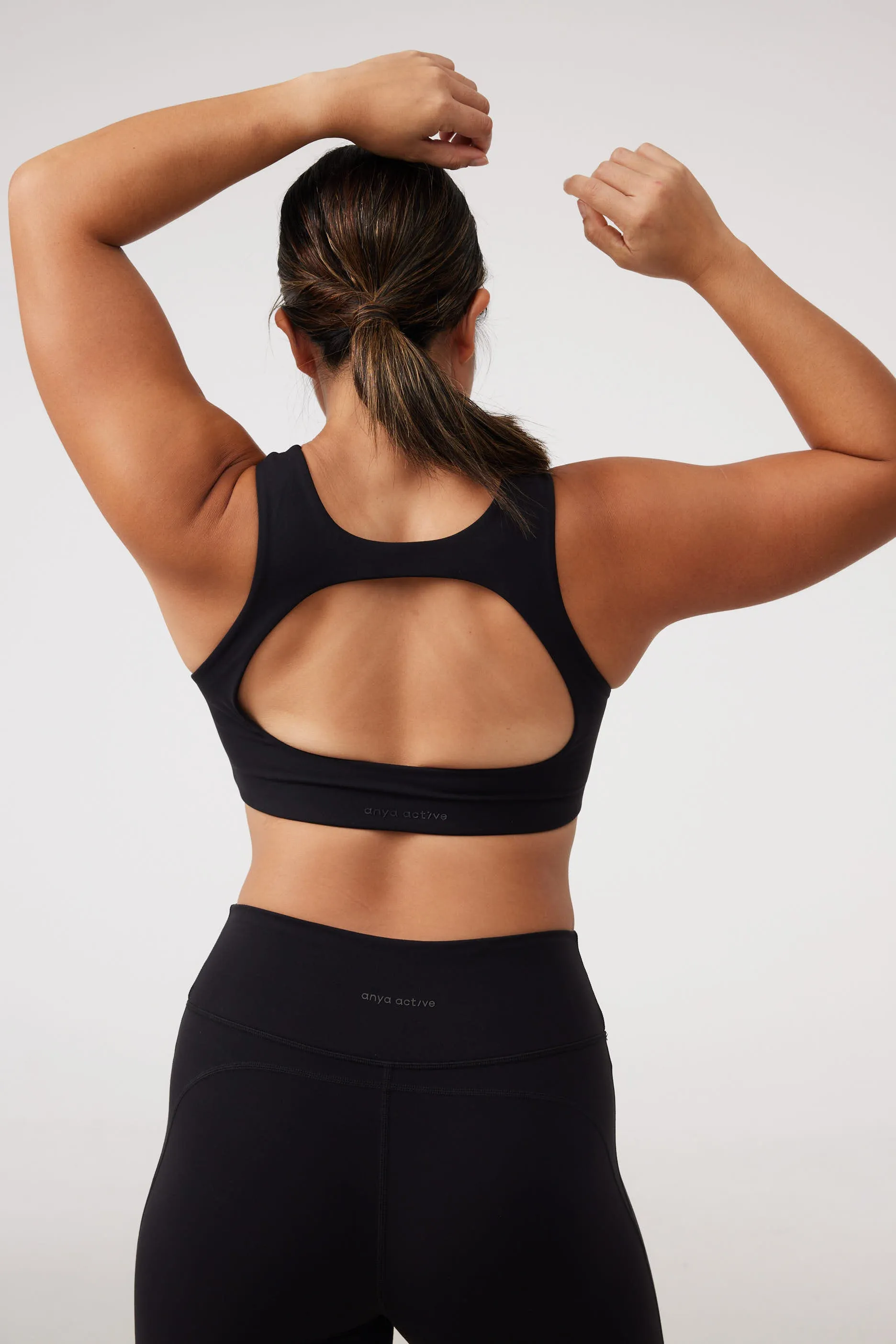 Drawstring closure seams Spandex Square Neck Bra in Black Sesame