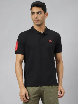 PreShrunk Cotton Blend Premium Cotton Alcis Men Black Soft-Touch Regular-Fit Varsity Athleisure Polo T-Shirt