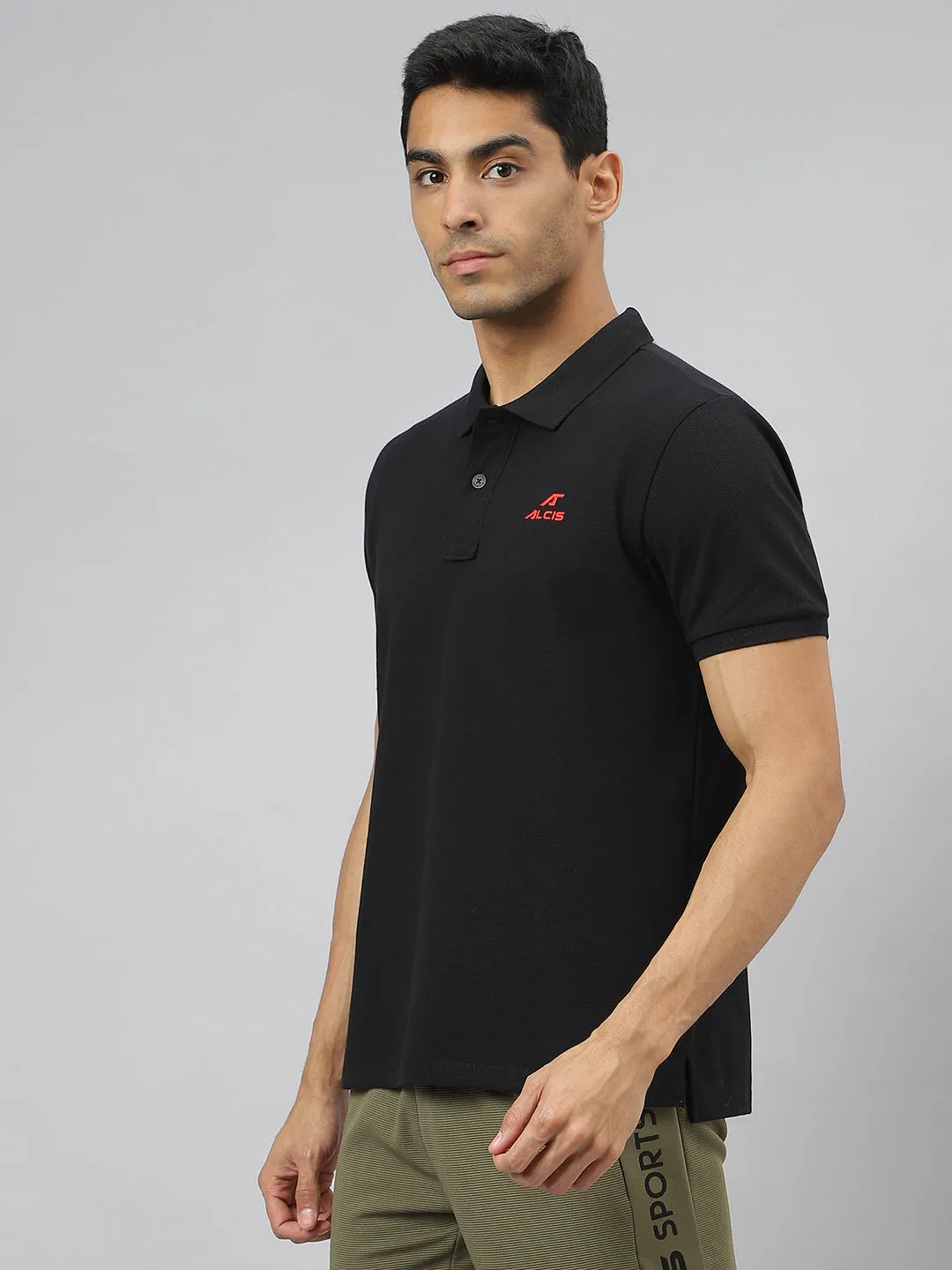 Alcis Men Black Soft-Touch Regular-Fit Varsity Athleisure Polo T-Shirt TwoTone Fabric Blend Lightweight Comfort