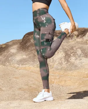 Work Commute Mesh Panel Quick stretch Cargo High Waisted Pocket Leggings - Phantom Tie Dye