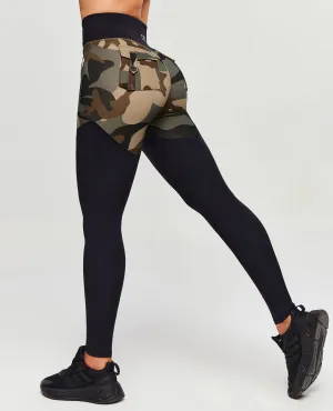 V-Waist Gym Leggings - Coffee Camo Loose Fit Plus Size