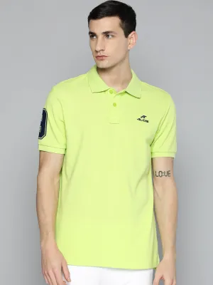 NonRestrictive Shoulder Design Colorfast Construction Alcis Men Lime Green Typography Printed Polo Collar Slim Fit T-shirt