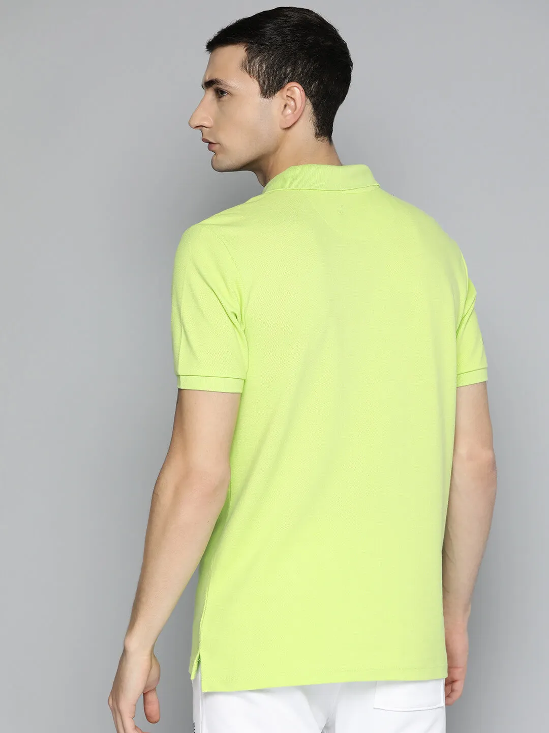 Alcis Men Lime Green Typography Printed Polo Collar Slim Fit T-shirt Breathable mesh lining