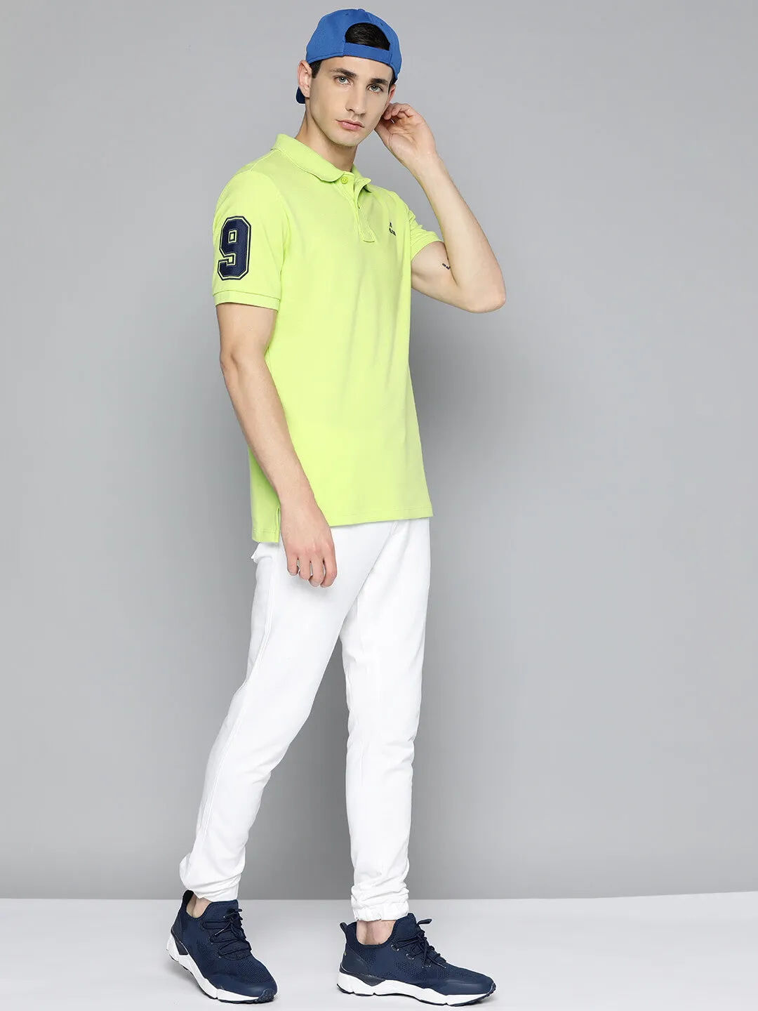 Business Travel Ventilated Side Gussets Alcis Men Lime Green Typography Printed Polo Collar Slim Fit T-shirt
