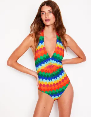 Floral design Elastic Free Edges Ruched Loop Swimsuit-Multi, Scallop Stripe