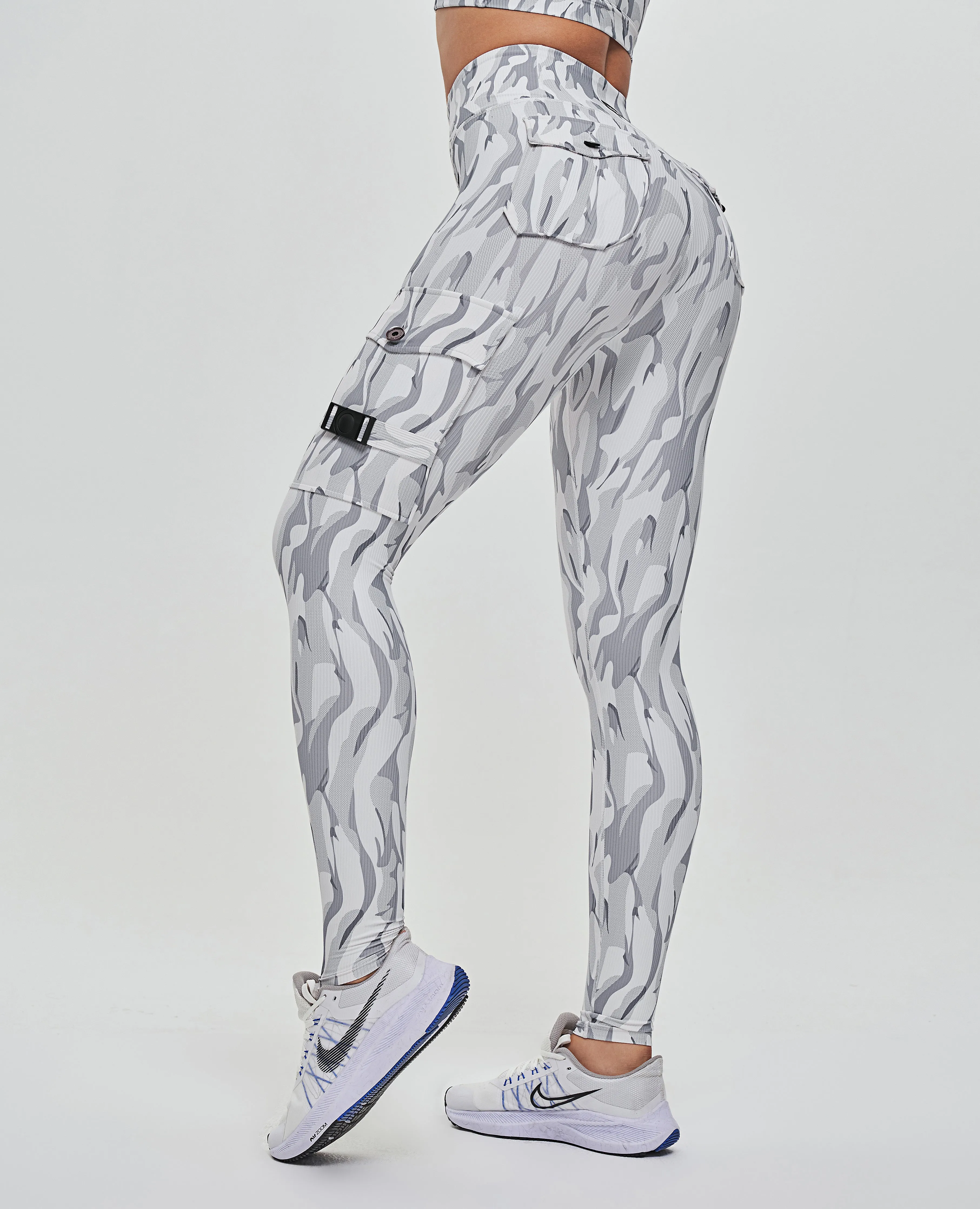 Cargo High Waisted Pocket Leggings - White Camo Stretch Fit Beginner Level