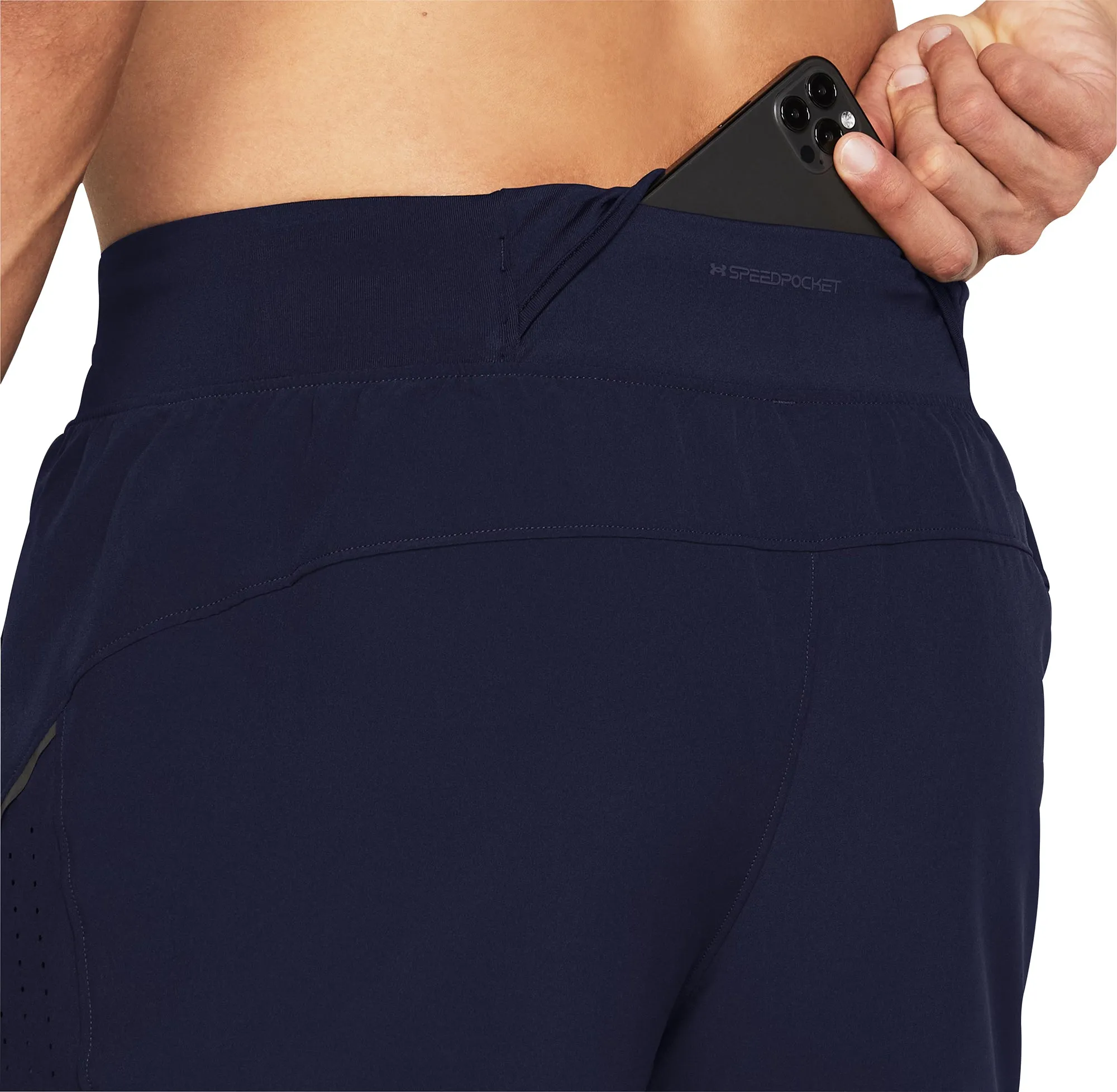 Under Armour Launch Elite 7 Inch Mens Running Shorts - Blue Multi Pocket Design