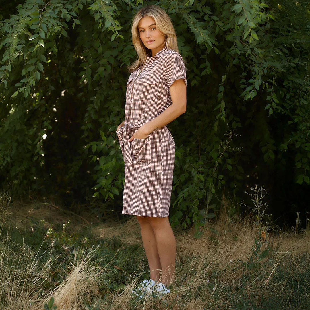 Vineyard Dress, Toffee Gingham StainResistant Fabric