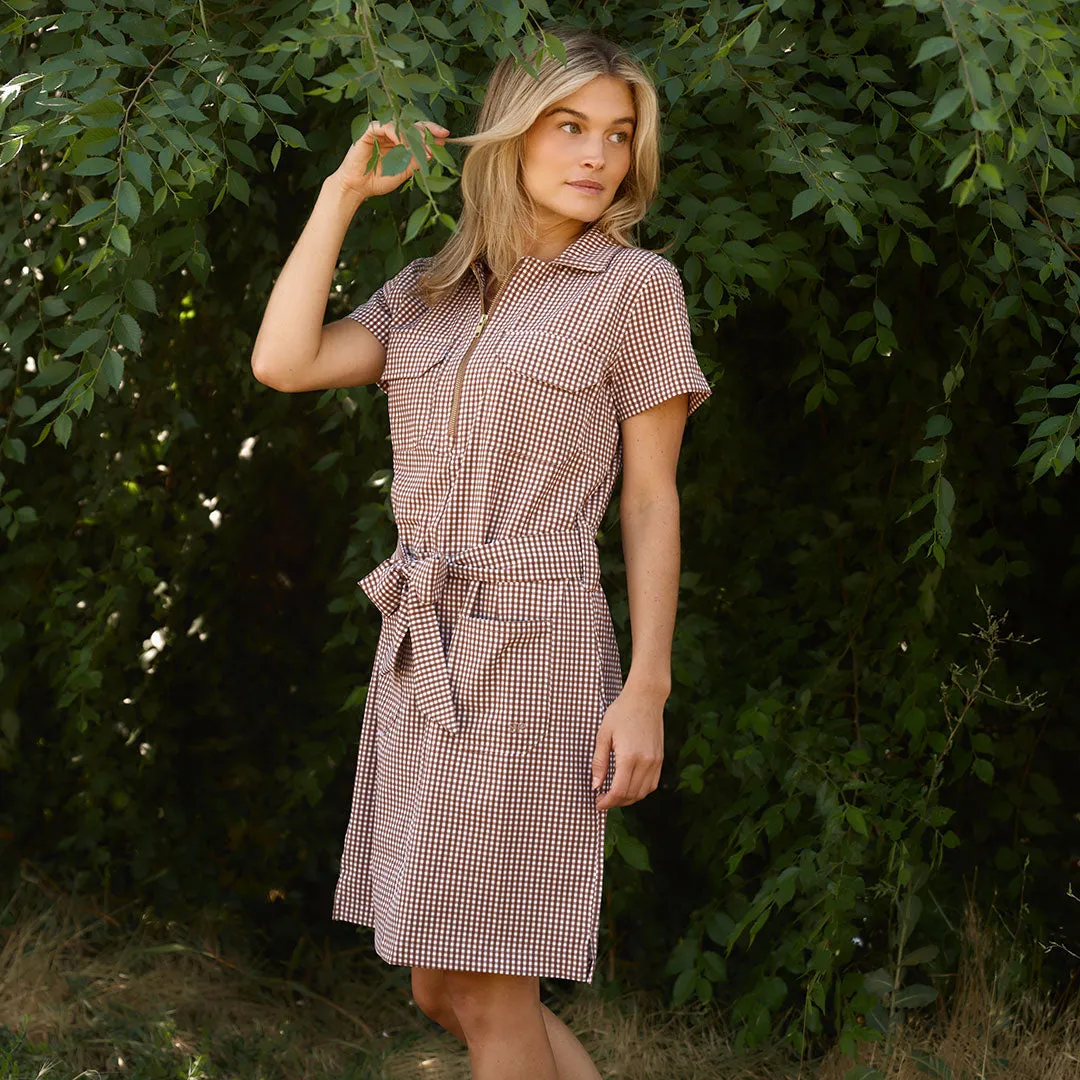 4Way Stretch Vineyard Dress, Toffee Gingham