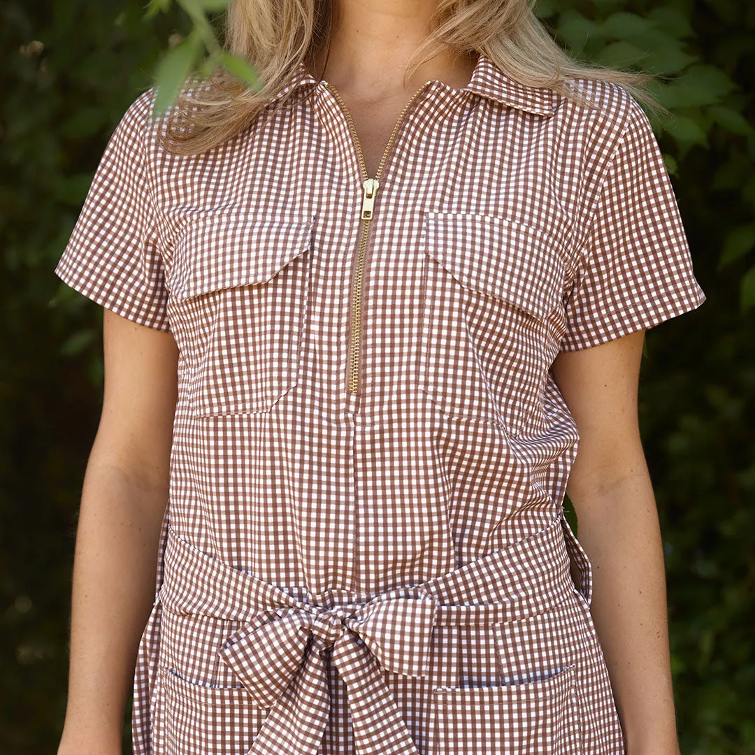 Vineyard Dress, Toffee Gingham Tagless Design FormFitting Cut
