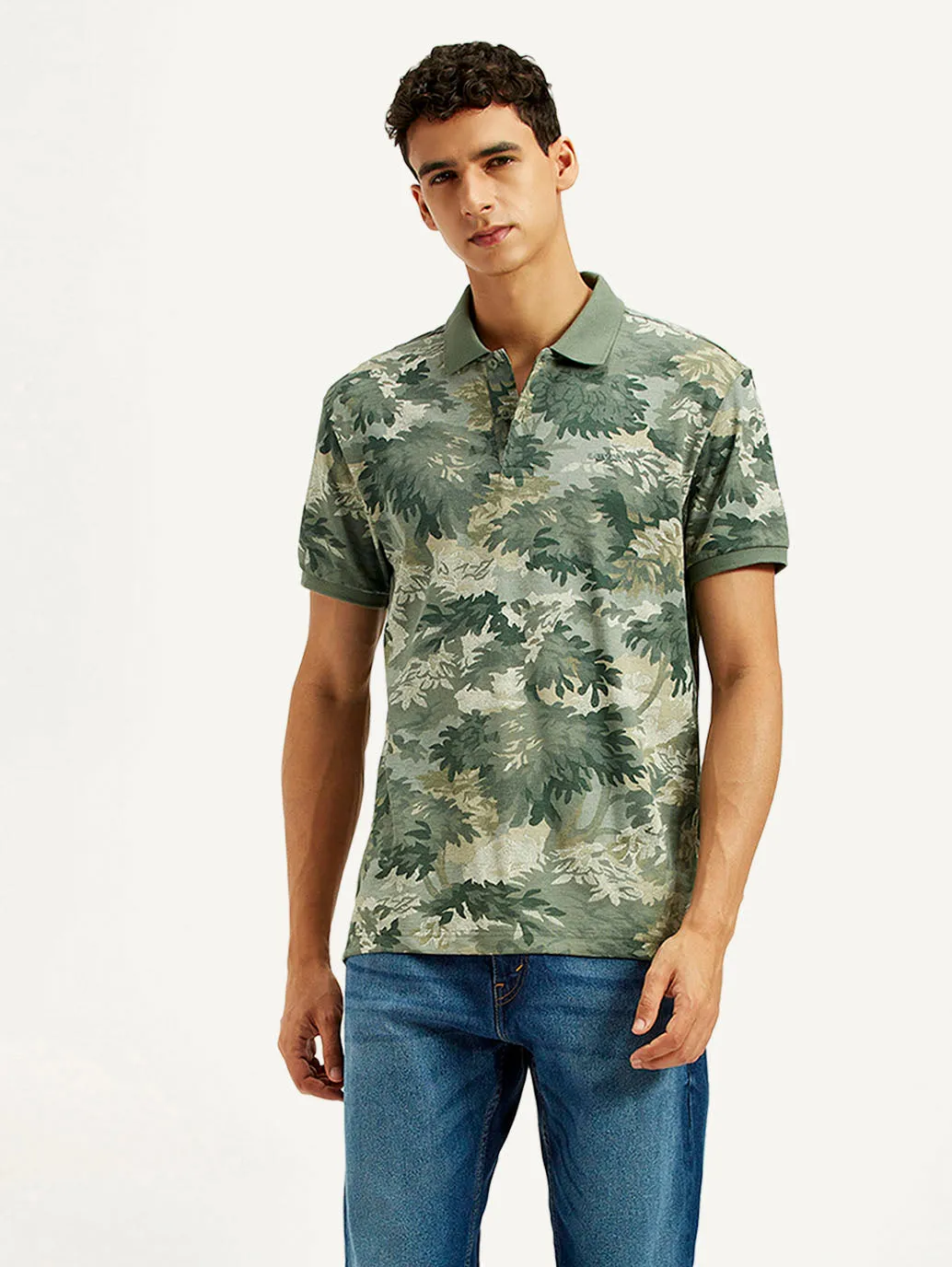 Spring Summer Men's Green Printed Slim Fit Polo T-Shirt
