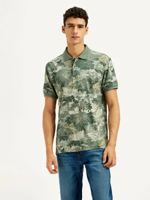Men's Green Printed Slim Fit Polo T-Shirt Summer Fashion UV Protection