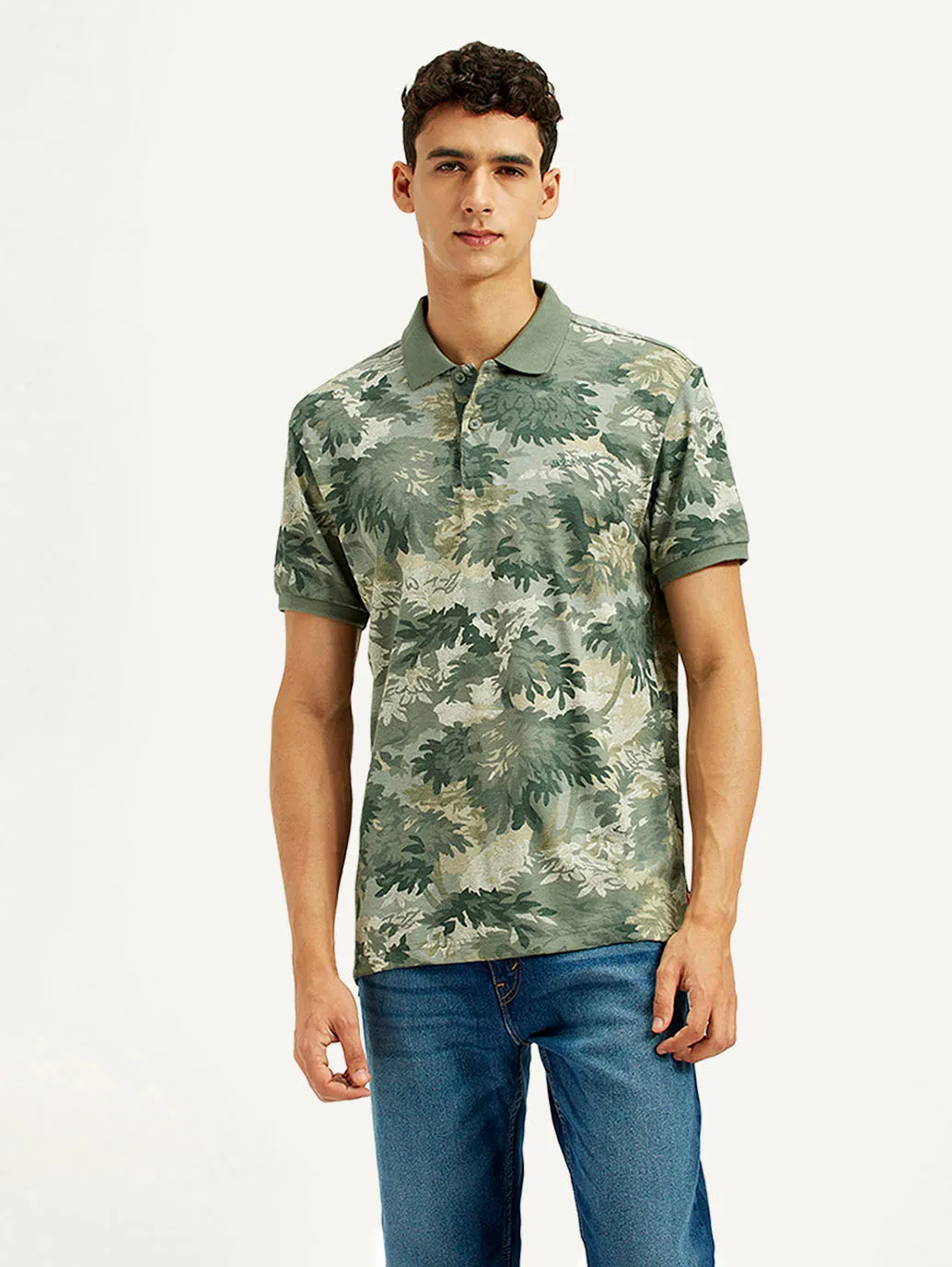 Men's Green Printed Slim Fit Polo T-Shirt Summer Fashion UV Protection