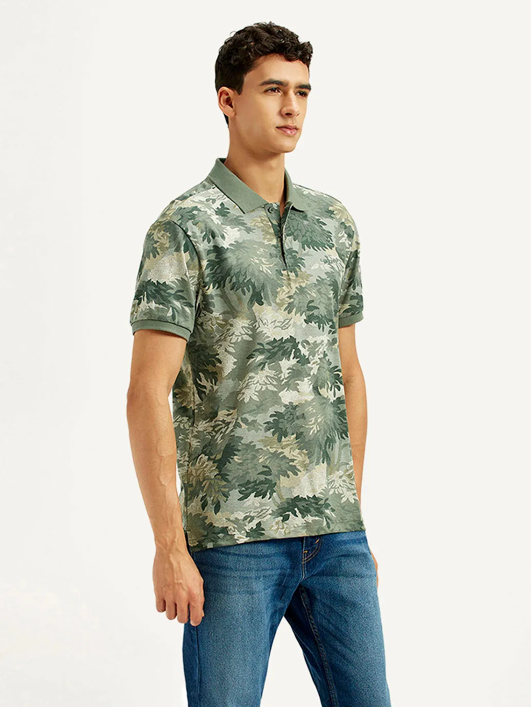 Men's Green Printed Slim Fit Polo T-Shirt Tapered Armhole Design