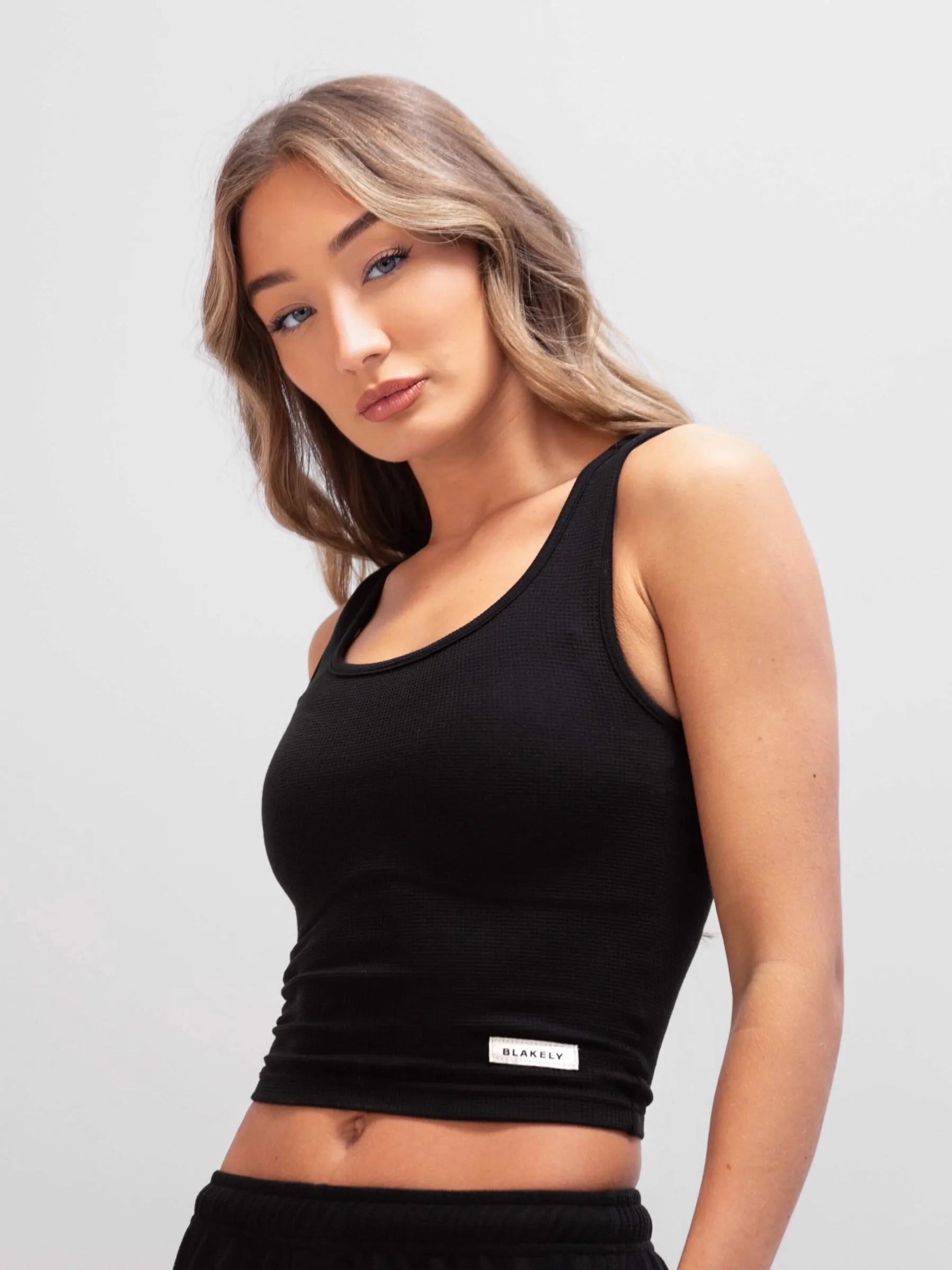 Soft Waffle Vest Top - Black Flexible Wear Cozy and Light