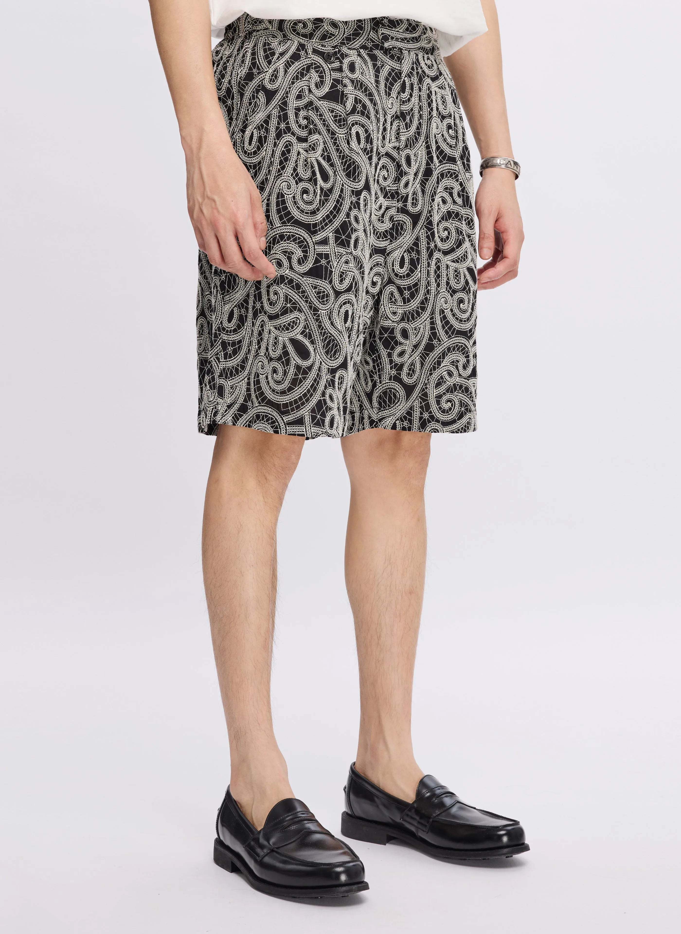 Cotton Embroidery Paisley Double Pleats Shorts Modern Ease