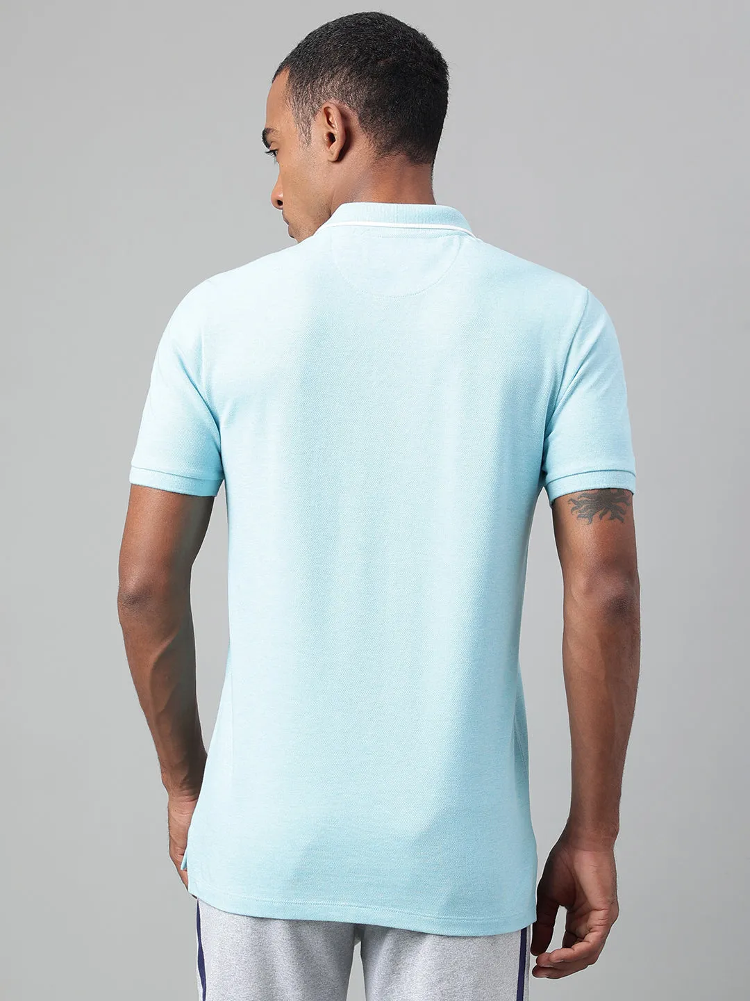 Alcis Men's Sky Blue Melange Soft-Touch Regular-Fit Athleisure Polo T-Shirt Solid Color Durable Double Stitching