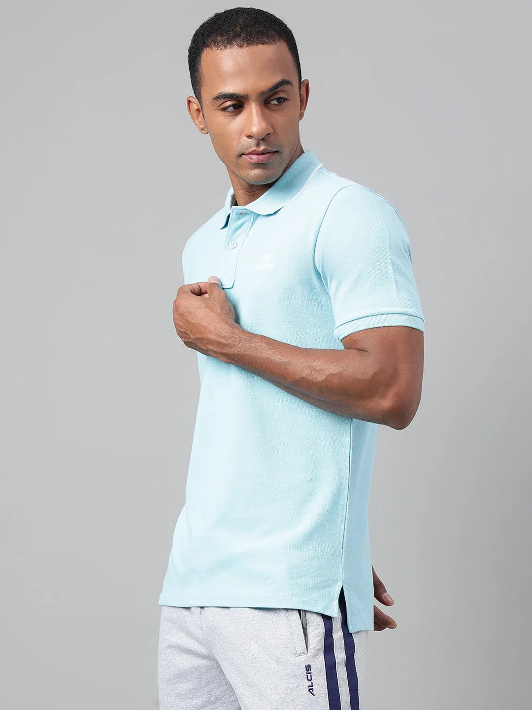 Alcis Men's Sky Blue Melange Soft-Touch Regular-Fit Athleisure Polo T-Shirt Team Uniform