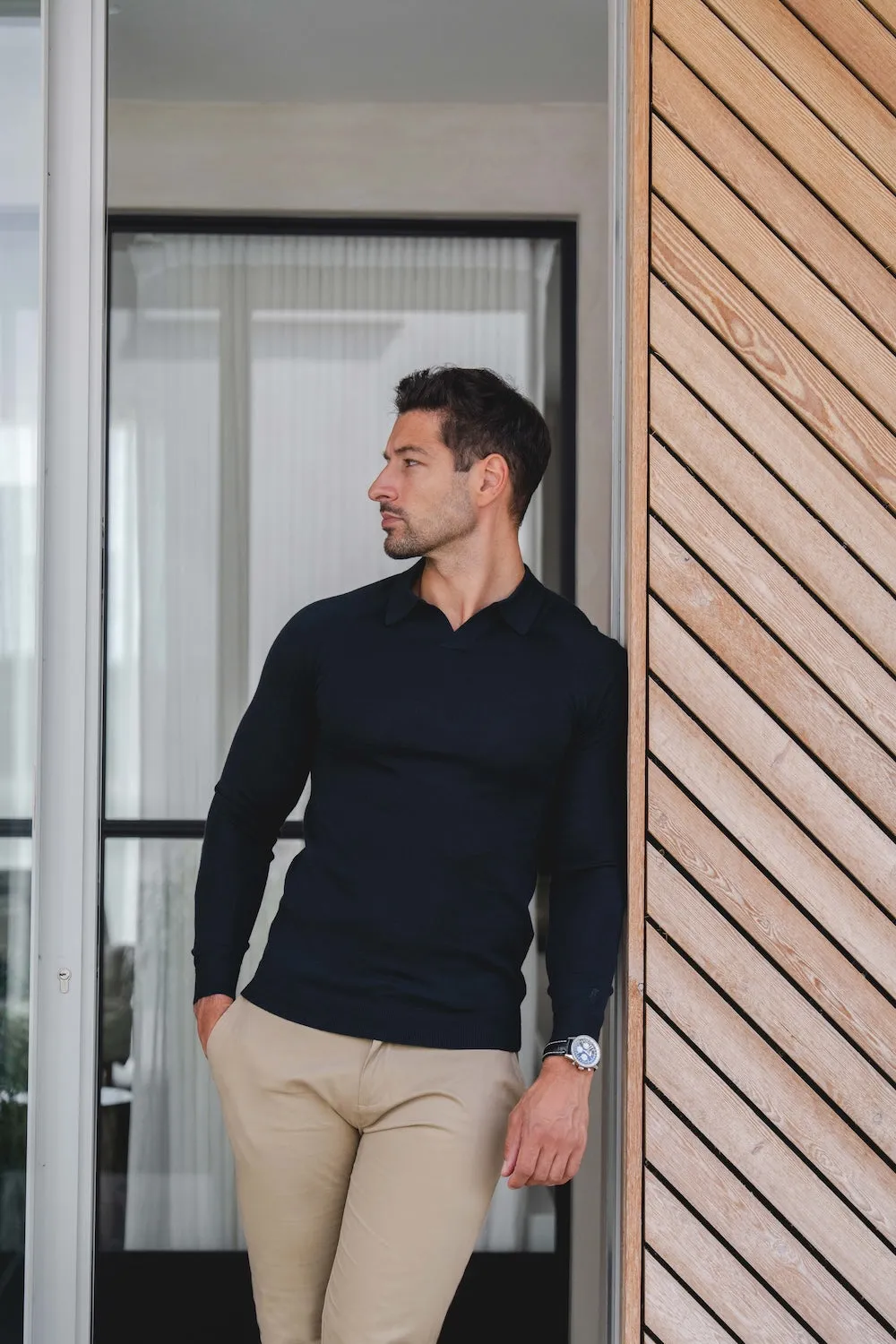 High-End Look Extra Fine Merino Wool Open Collar Polo Shirt in Navy