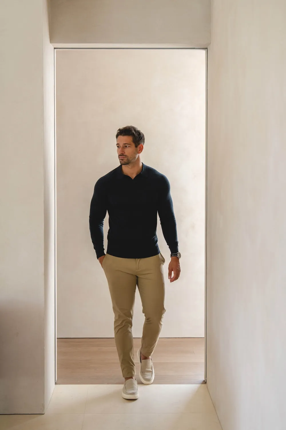 Extra Fine Merino Wool Open Collar Polo Shirt in Navy Summer Office
