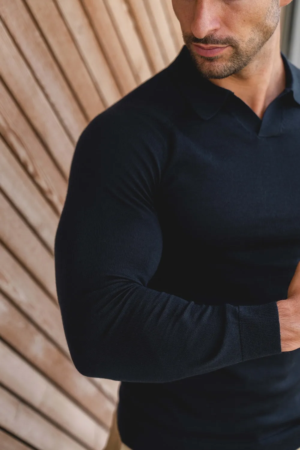 Anti Pilling Surface Extra Fine Merino Wool Open Collar Polo Shirt in Navy