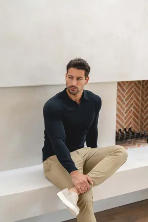 Breathable mesh lining Extra Fine Merino Wool Open Collar Polo Shirt in Navy