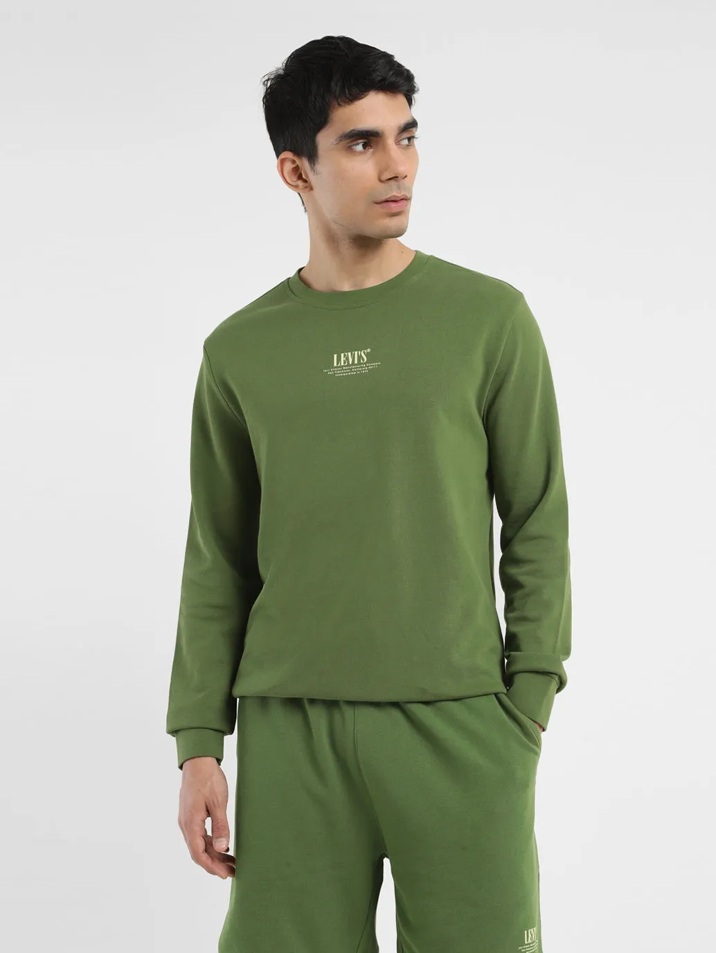 Men's Solid Green Crew Neck Sweatshirt Street Style bike ride