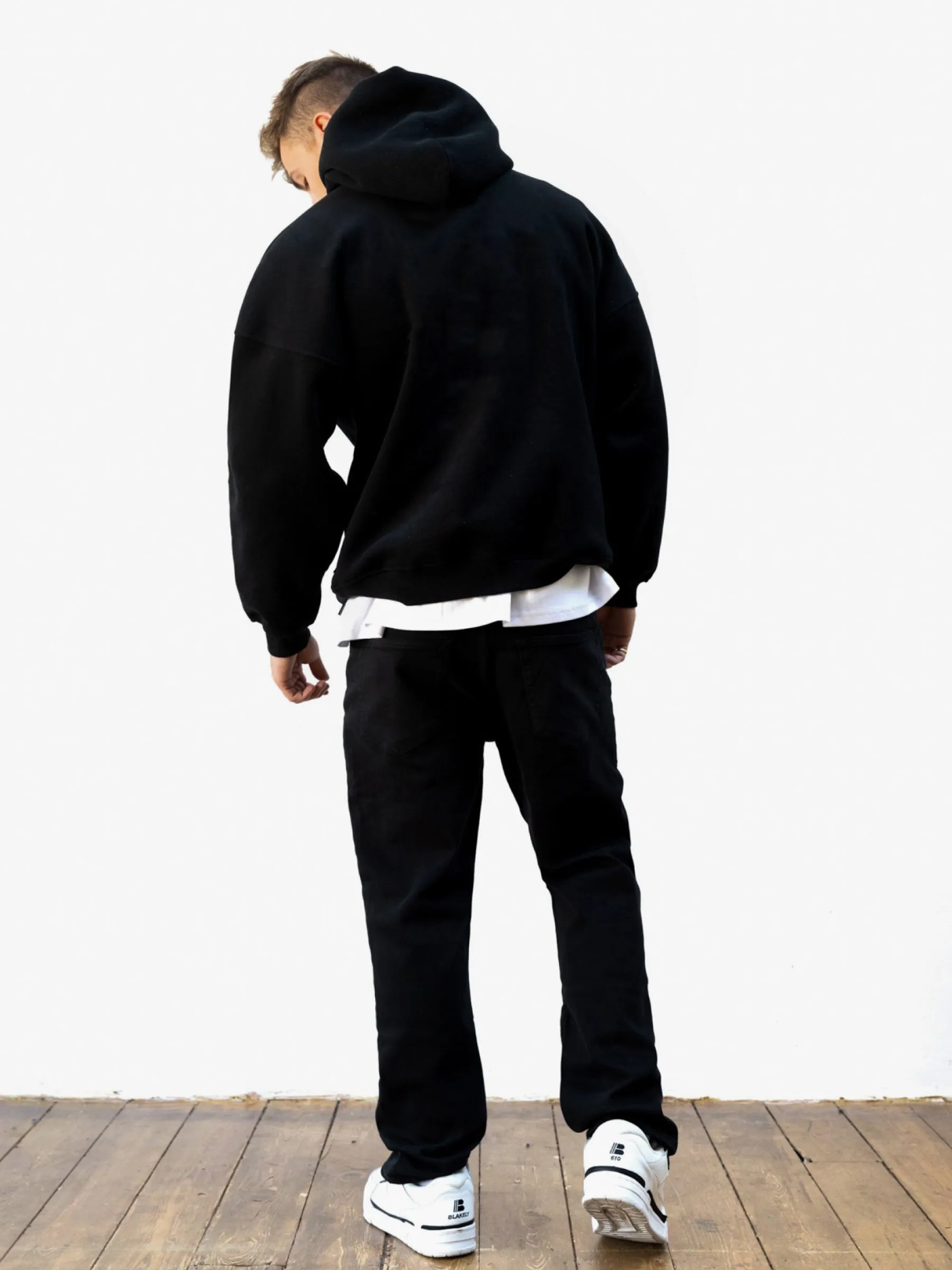 Faded Wash Effect Adjustable drawstring Studio Relaxed Hoodie - Black